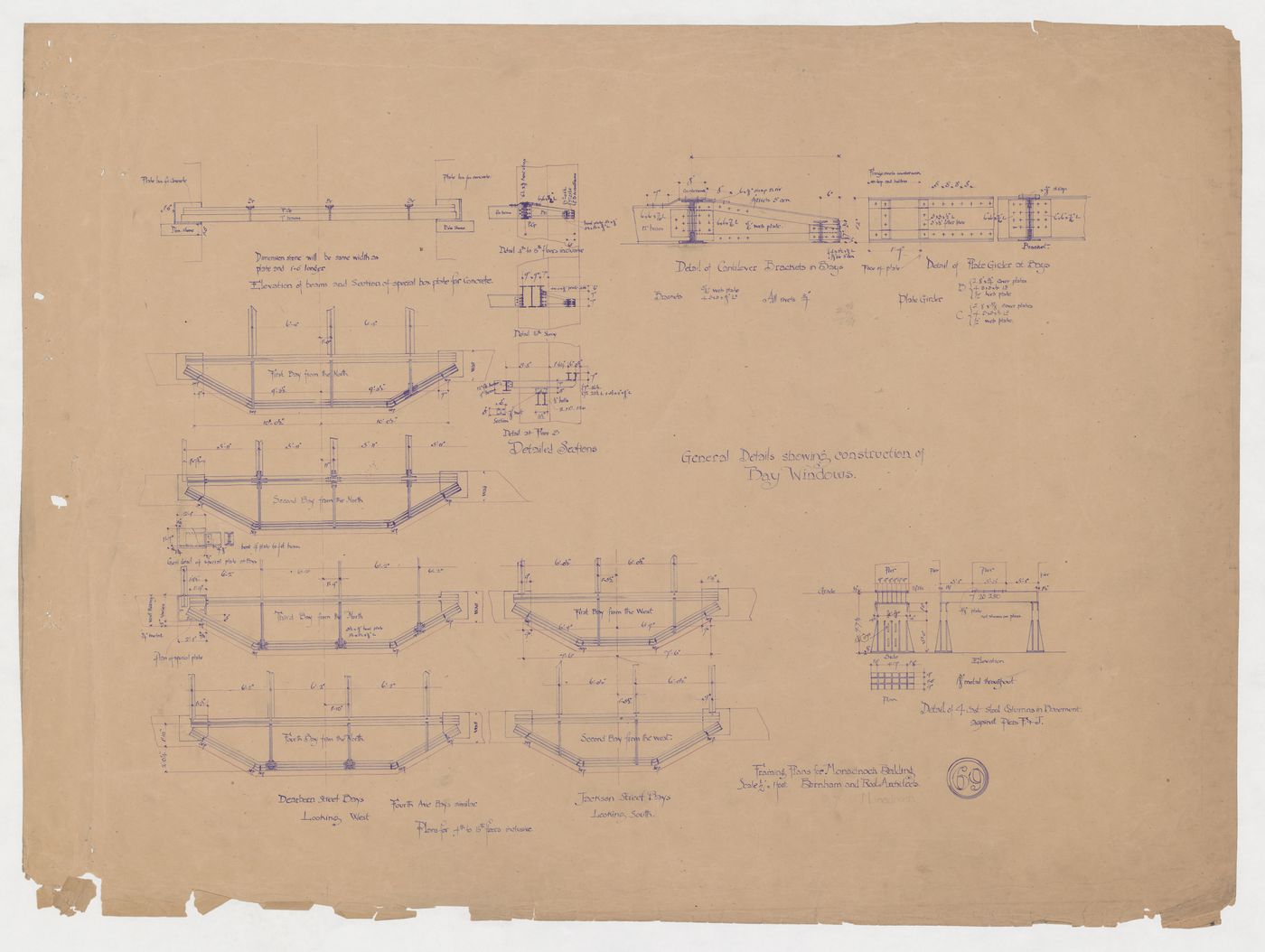 Monadnock Building, Chicago: Plans and details for the steel framework for bay windows and plan and elevations for the "cast stool" columns in basement