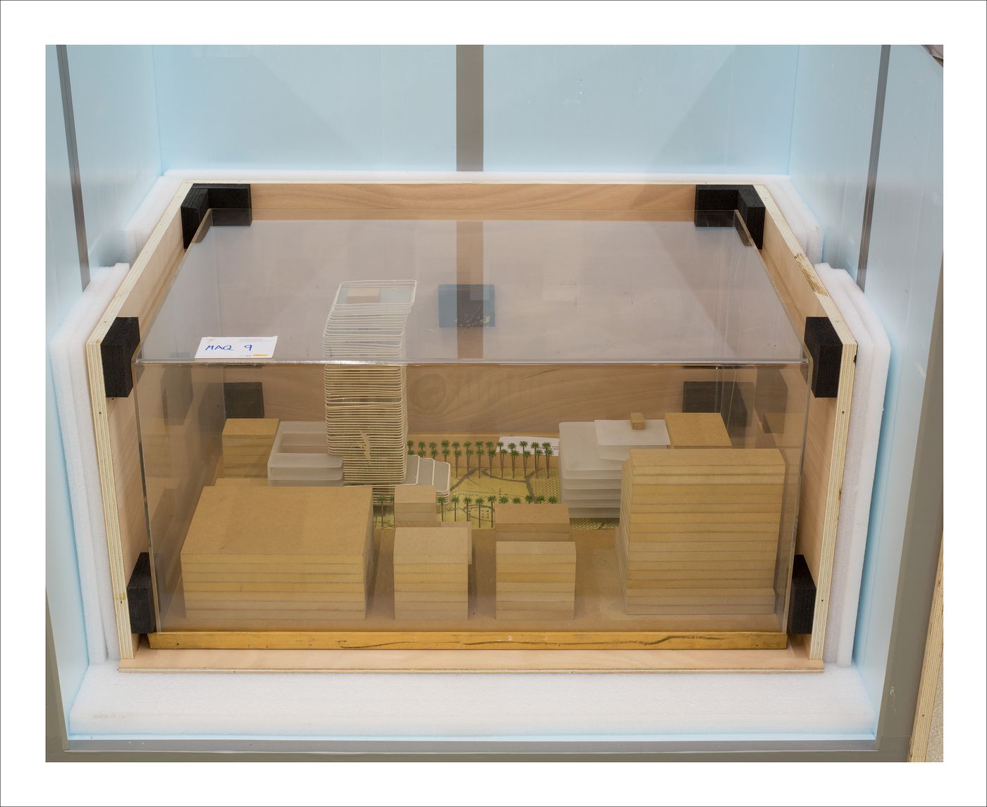 Proofs of Relevance: View of a model in a crate showing Woermann Public Square and Building, Abalos & Herreros (2001), Las Palmas de Gran Canaria, Spain