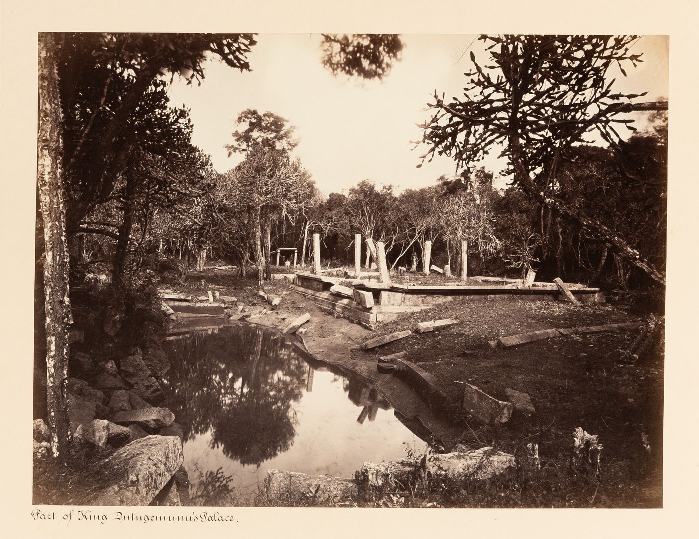 View of a water tank and a pavilion, King Mahasen's Palace, Anuradhapura, Ceylon (now Sri Lanka)