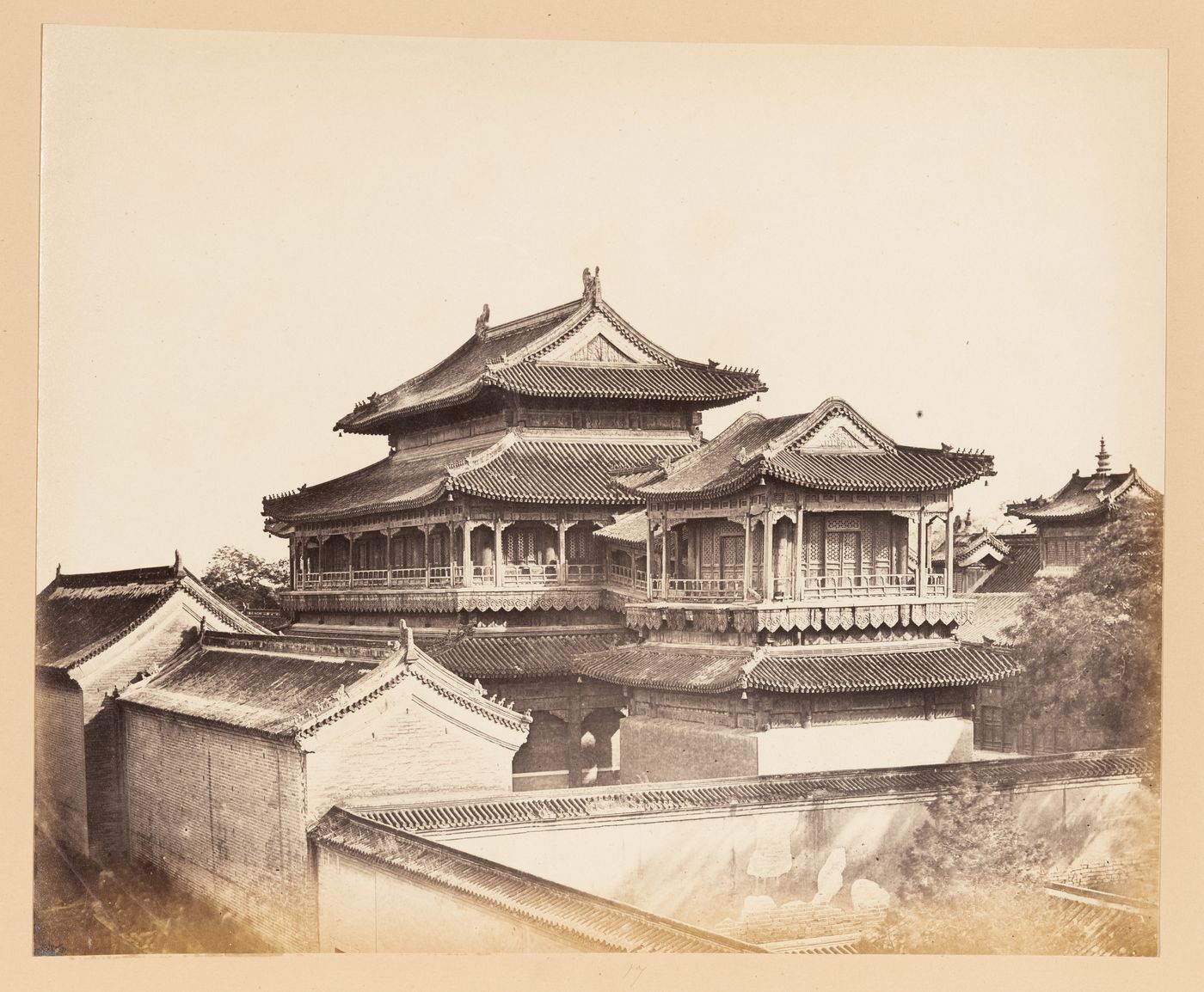 View of the Wanfu Ge [Ten Thousand Blessings Hall] and other buildings at the Yonghe Gong [Lamasery of Harmony and Peace] (also known as the Lama Temple), Peking (now Beijing), China