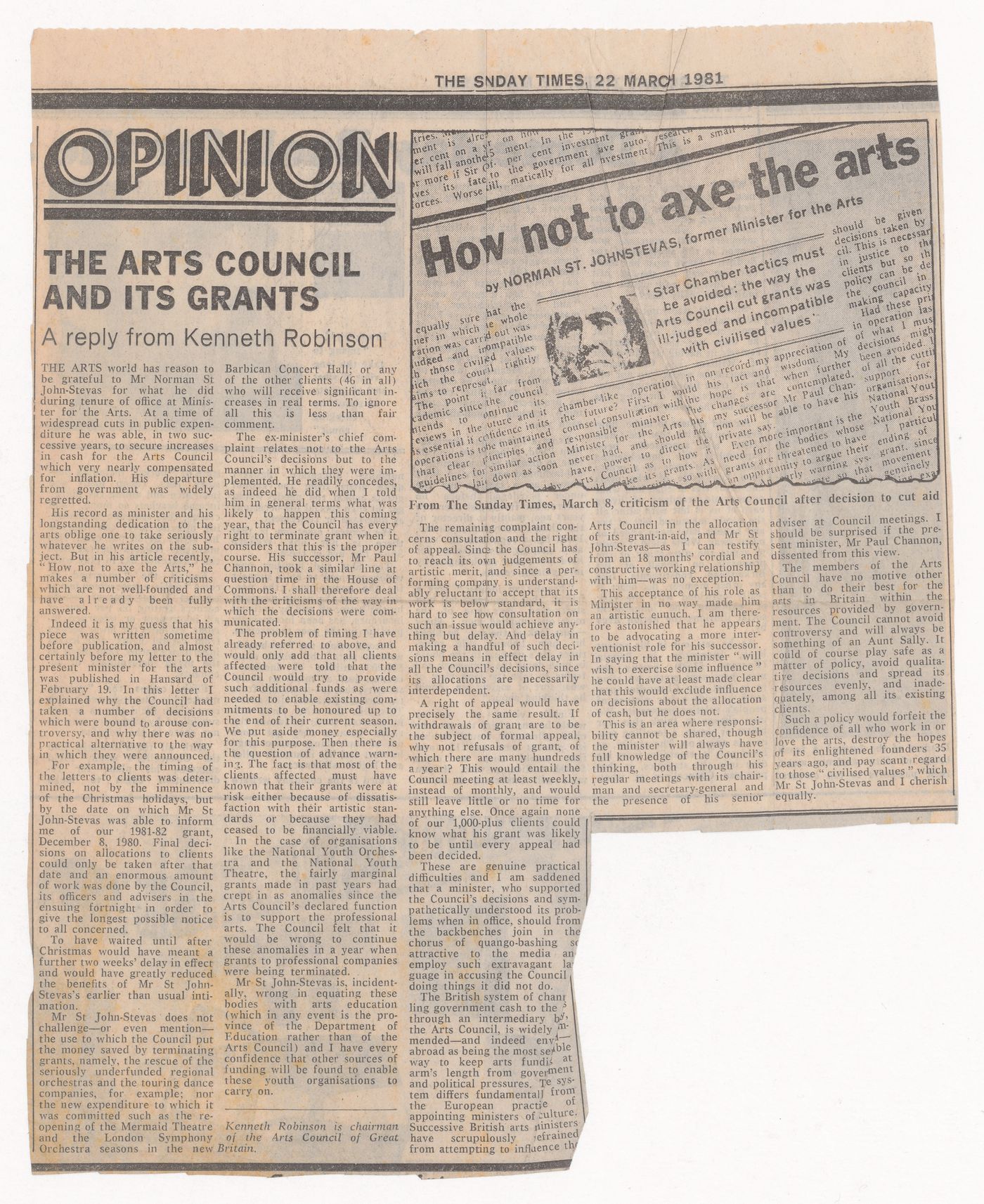 Opinion piece regarding the Arts Council and its grants, reply from Kenneth Robinson in The Sunday Times