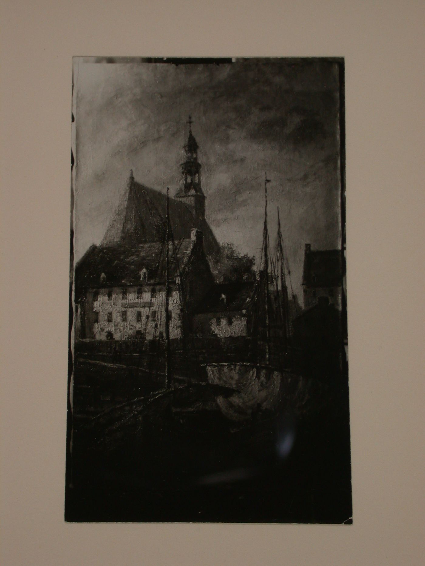 Photograph of a painting of old Montréal, including l'église Bonsecours