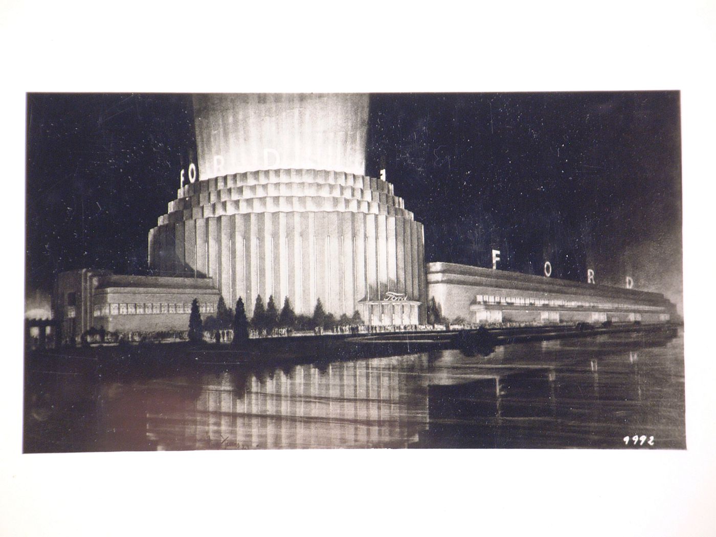 Photograph of a perspective drawing for or of the Rotunda and pavilion of the Ford Motor Company at night, 1933-1934 Chicago World's Fair, Chicago, Illinois