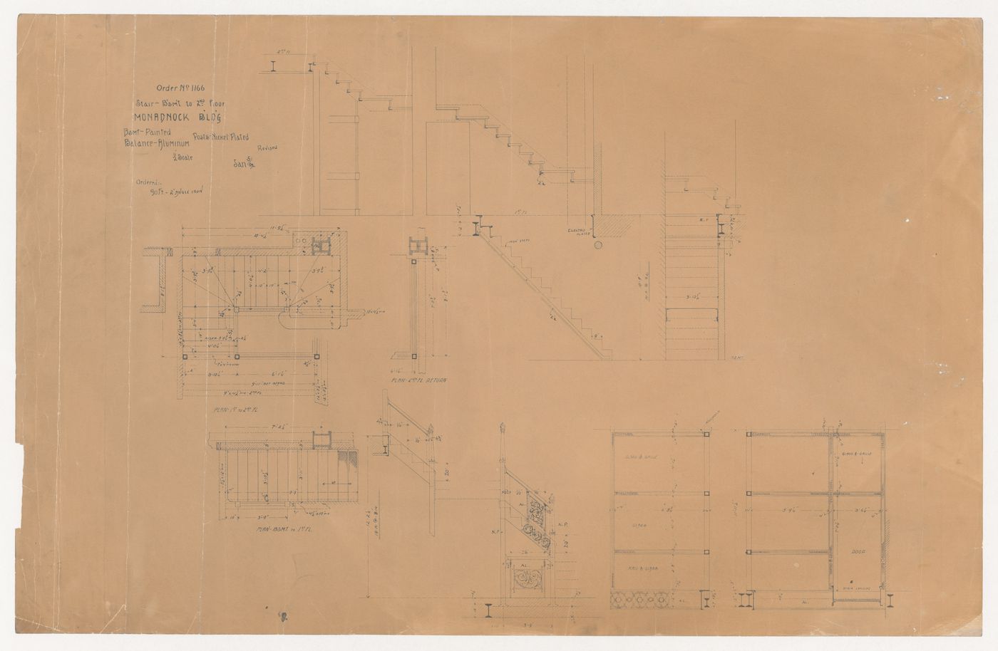 Monadnock Building, Chicago: Plans, sections and elevations for the stairs from the basement to the second floor