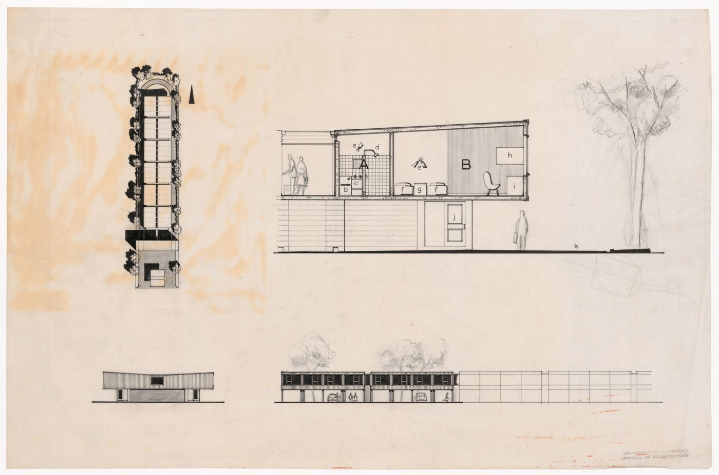 Housing elevations, section and plan for The Shape of Cambridge: A Plan, Cambridge University, England