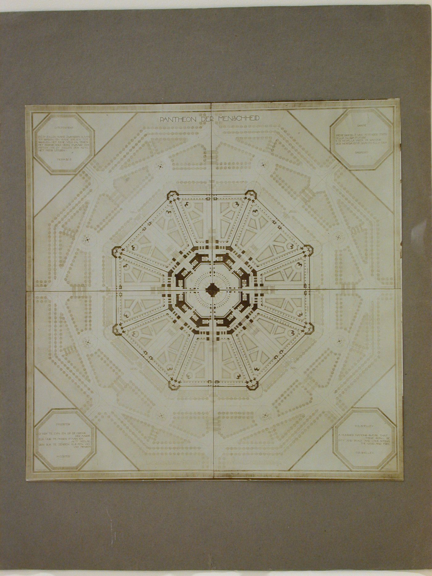 Photograph of a rendering for a floor plan of the Pantheon der Menschheid [Pantheon of Mankind] (also known as the Pantheon of Humanity), Amsterdam, Netherlands