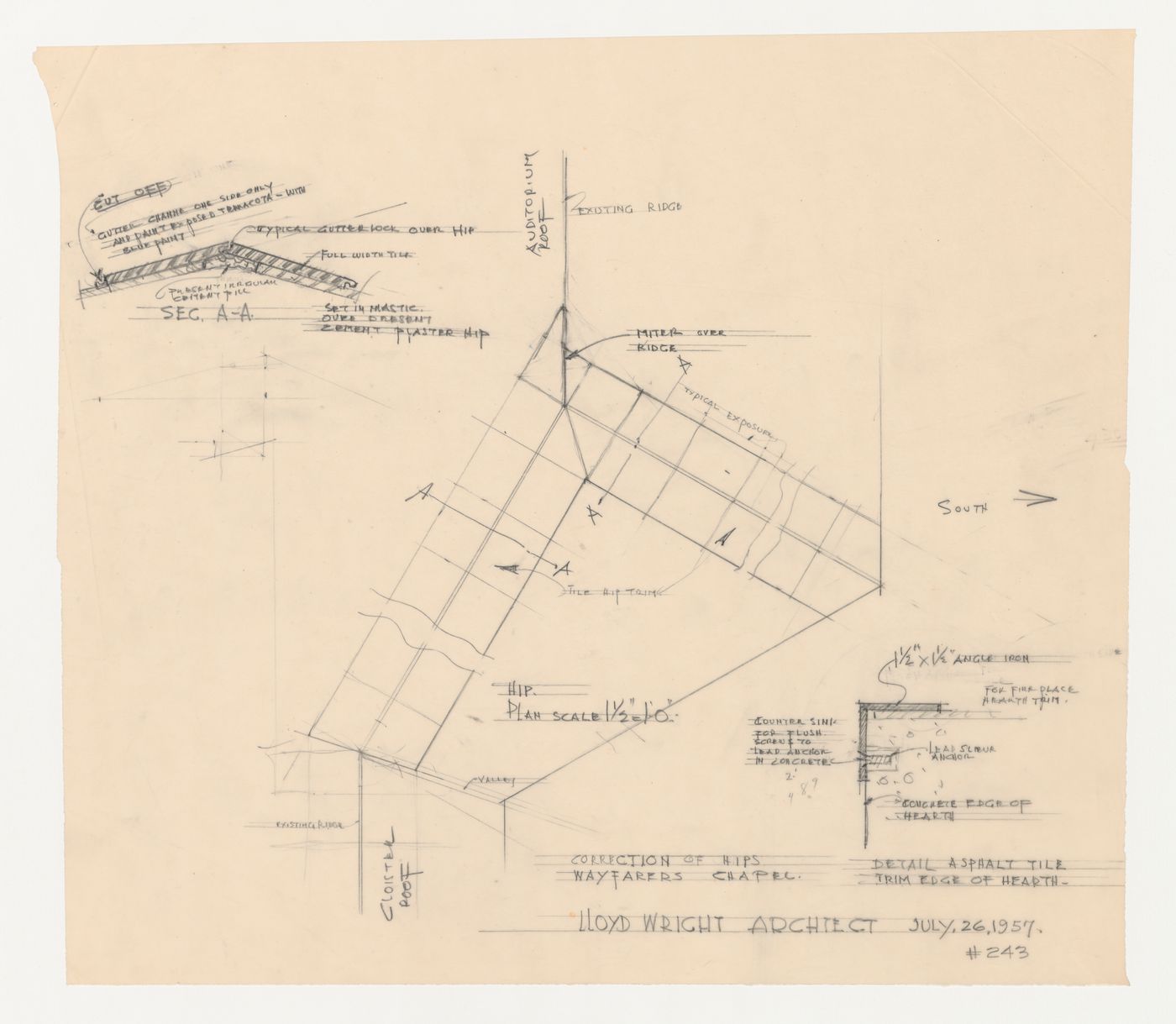 Wayfarers' Chapel, Palos Verdes, California: Plan and sections for correction of auditorium roof hips