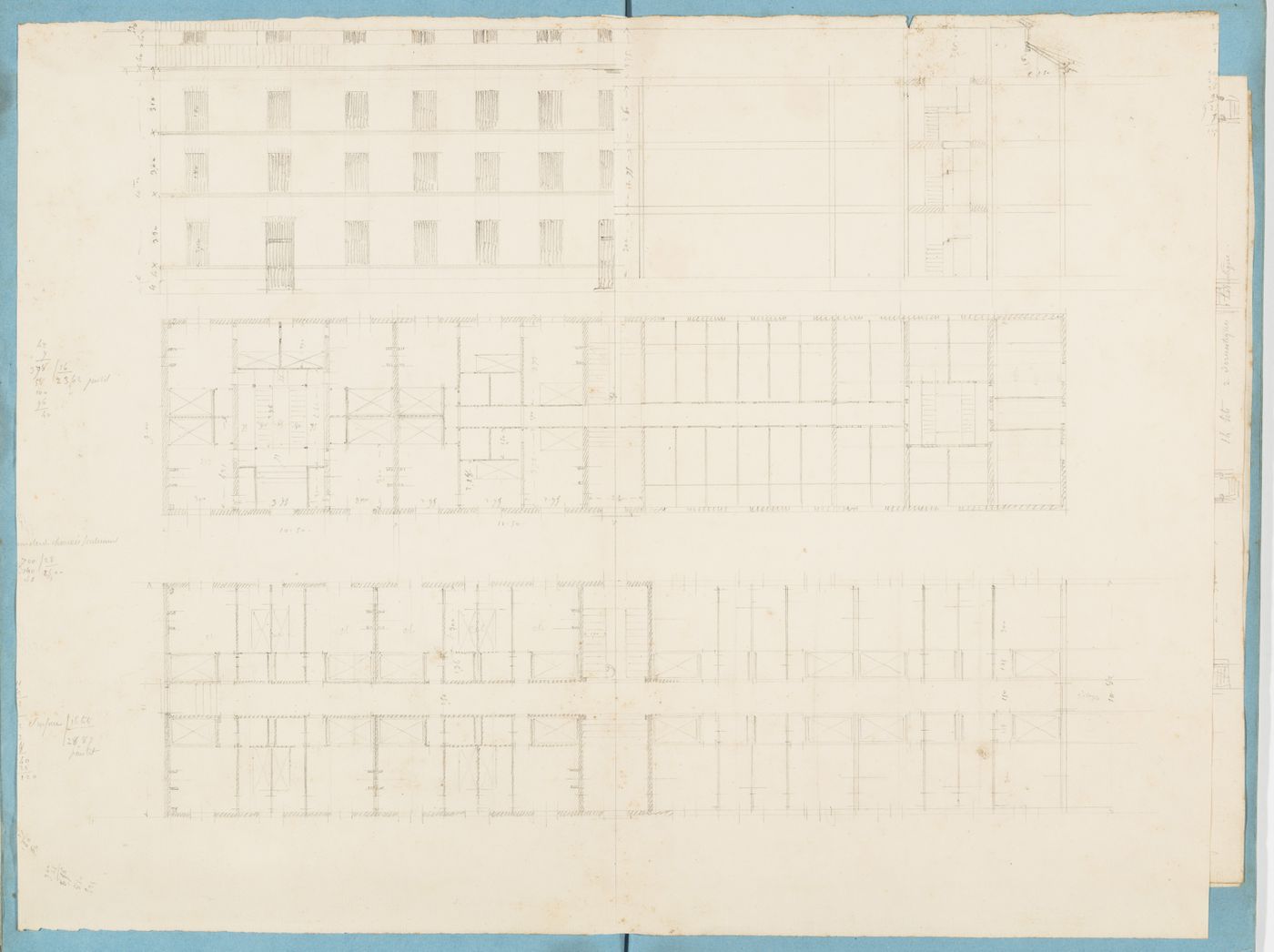 Project for housing for M. Busche: Plans, partial elevation and section for a three-storey apartment house