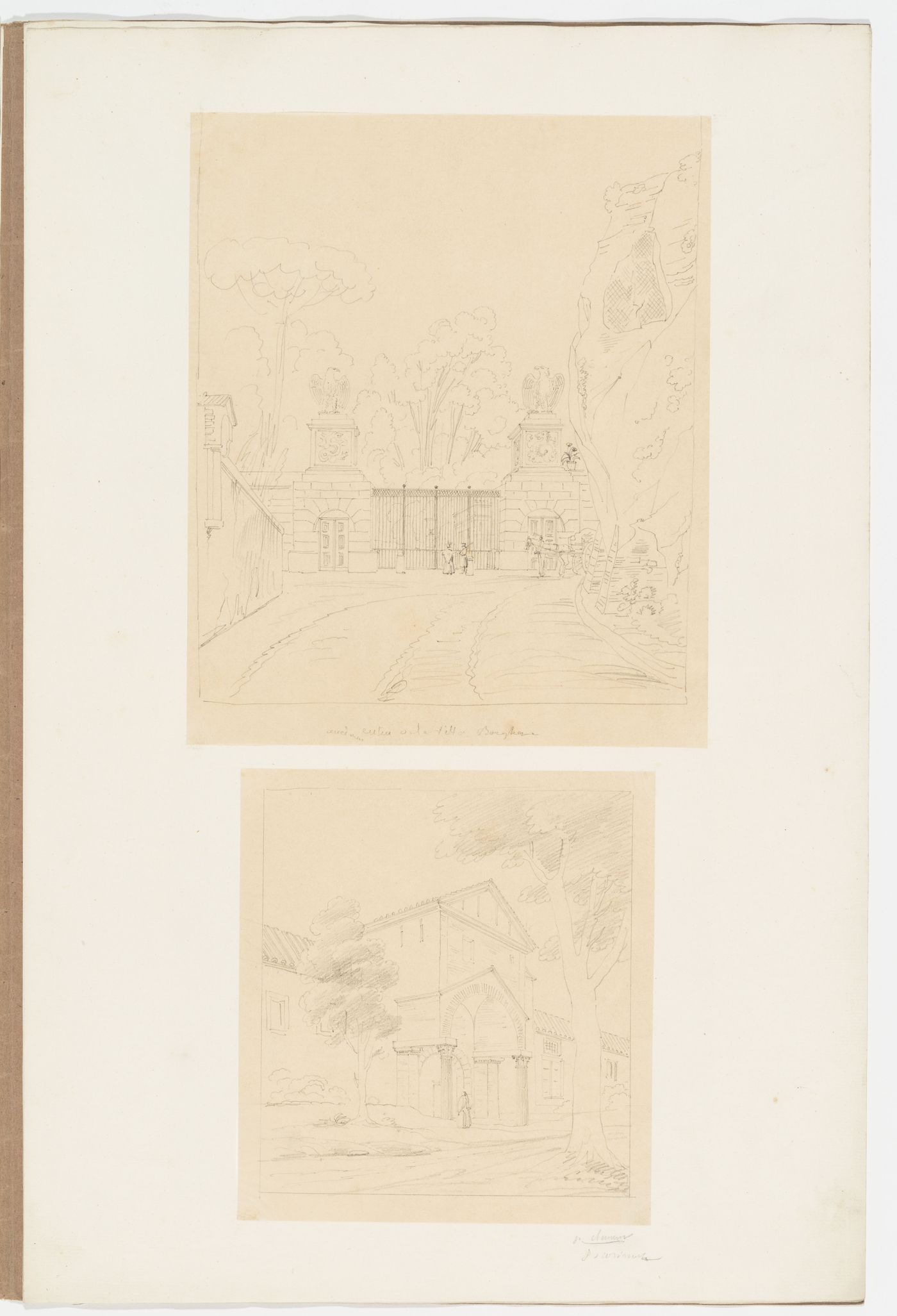 View of the entrance to Villa Borghese, Rome; View of an unidentified building