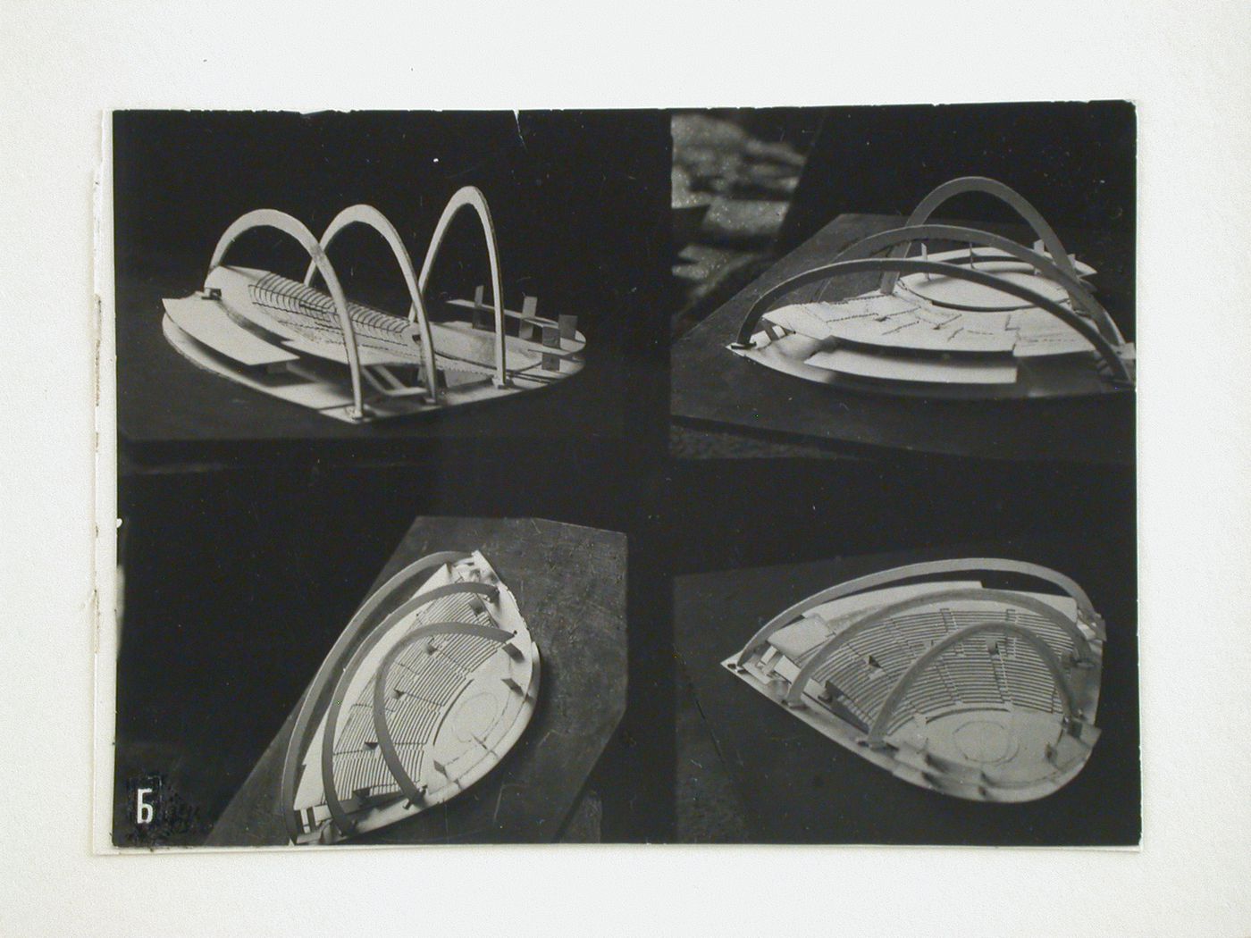 Photograph showing four views of a model for a theater for an All-Union Palace of the Arts, Moscow