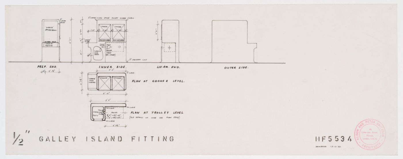 Plans and elevations for the the galley island, House of the Future, Daily Mail Ideal Homes Exhibition, London, England