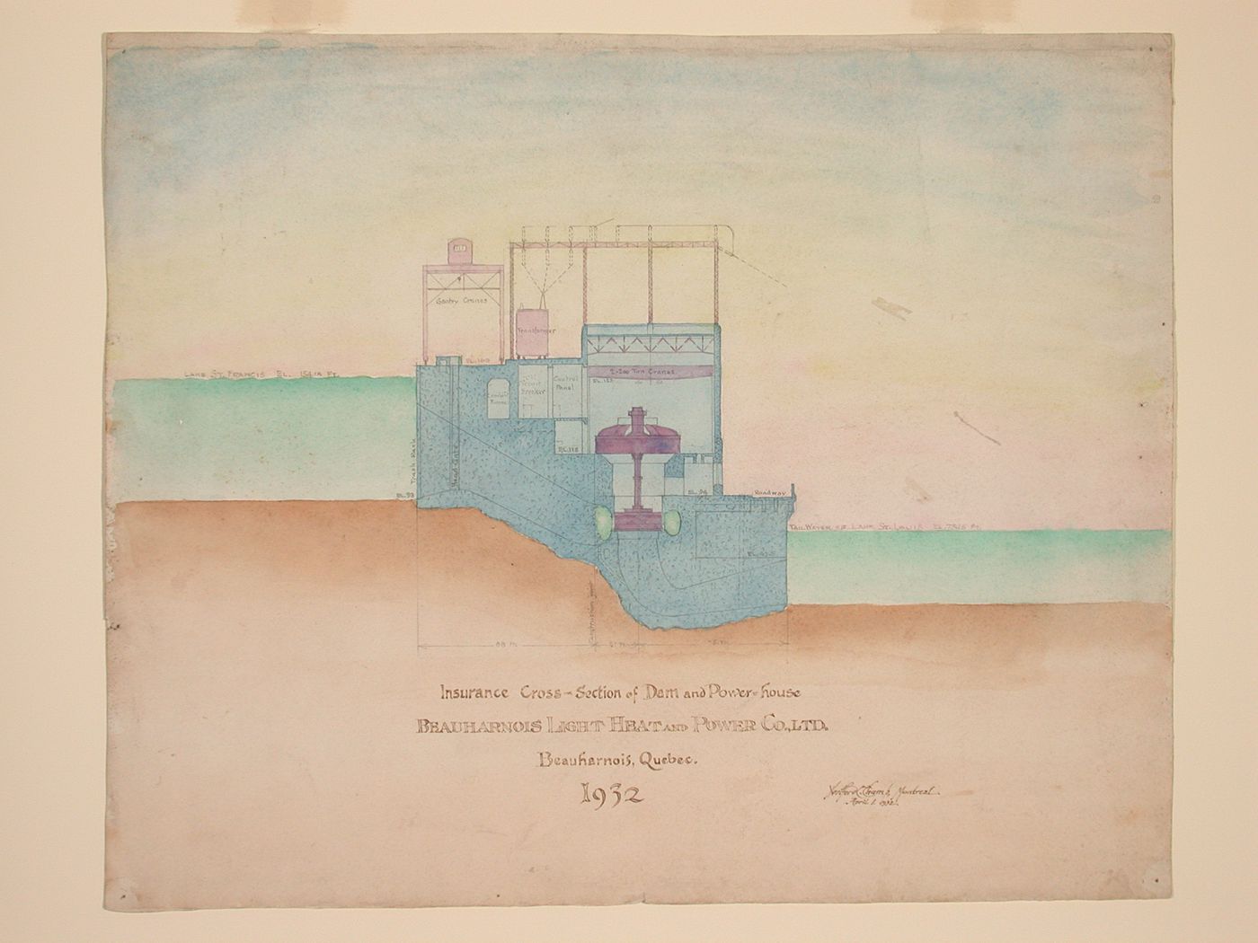 Insurance cross-section of dam & power house, Beauharnois, Québec