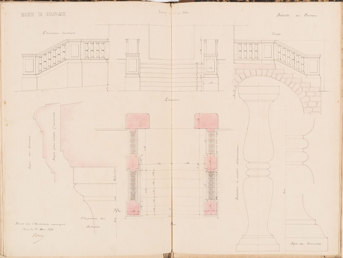 Plan, front and side elevations, details for the baluster, and longitudinal section for the "perron" for a country house for Madame de Lescure, Royan