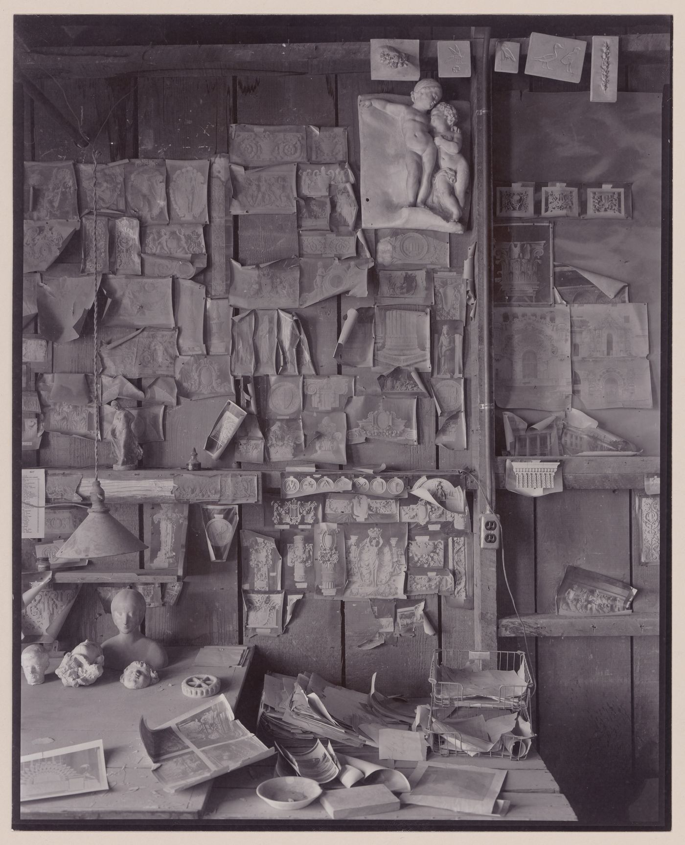 Interior of desk, wall and shelves of offices in terra-cotta factory, Lincoln, California