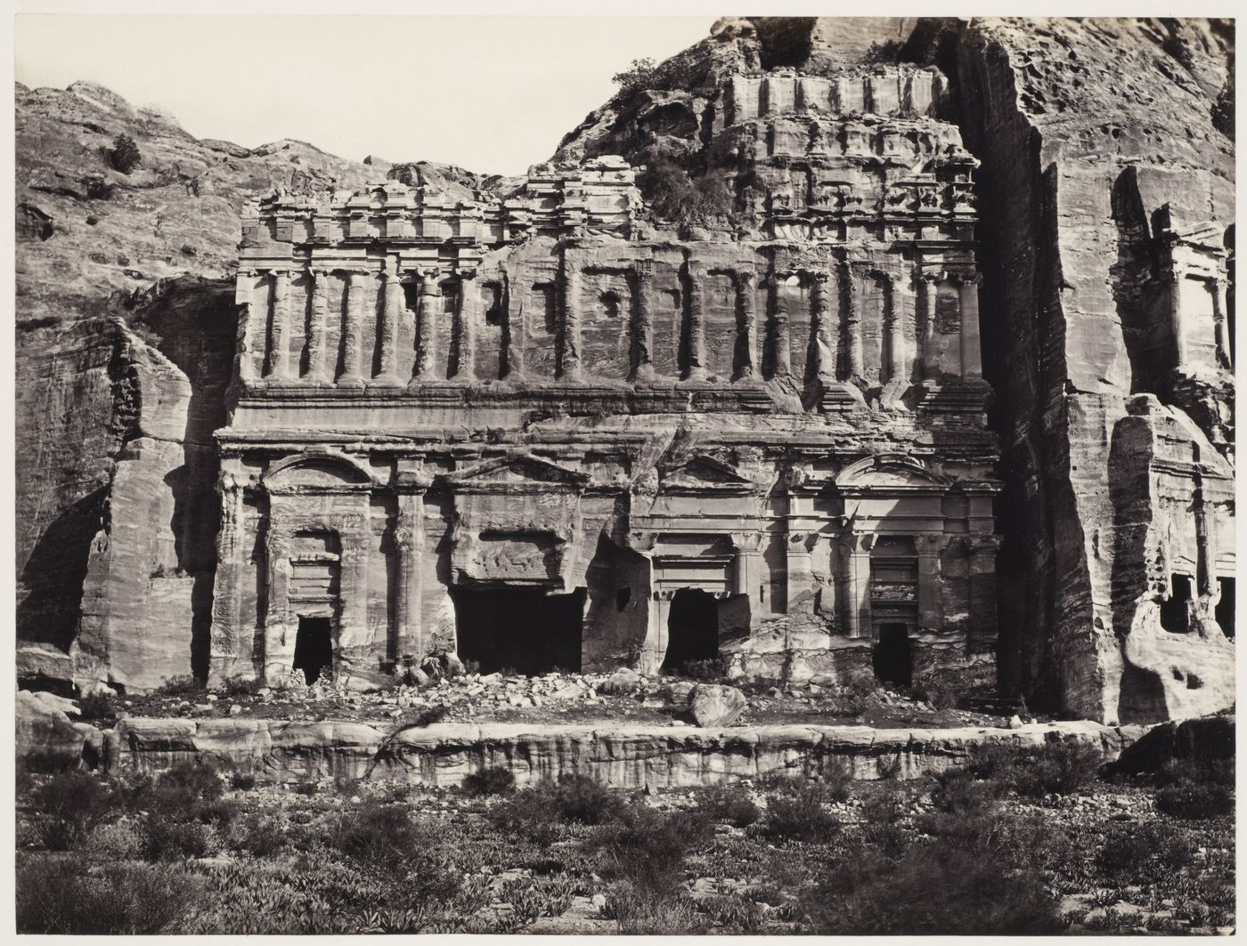 View of tombs, Wadi Musa, including a three-storey tomb, a Corinthian tomb, and  a Doric tomb with urn, Petra, Jordan