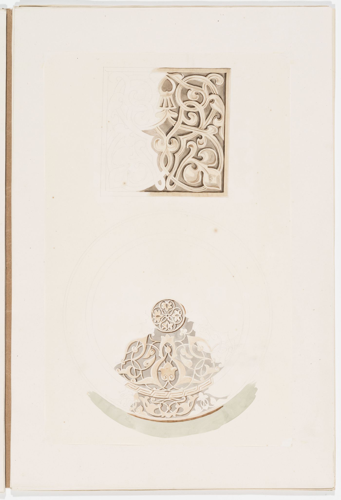 Ornament drawing of two panels decorated with interlacing foliage, probably Islamic