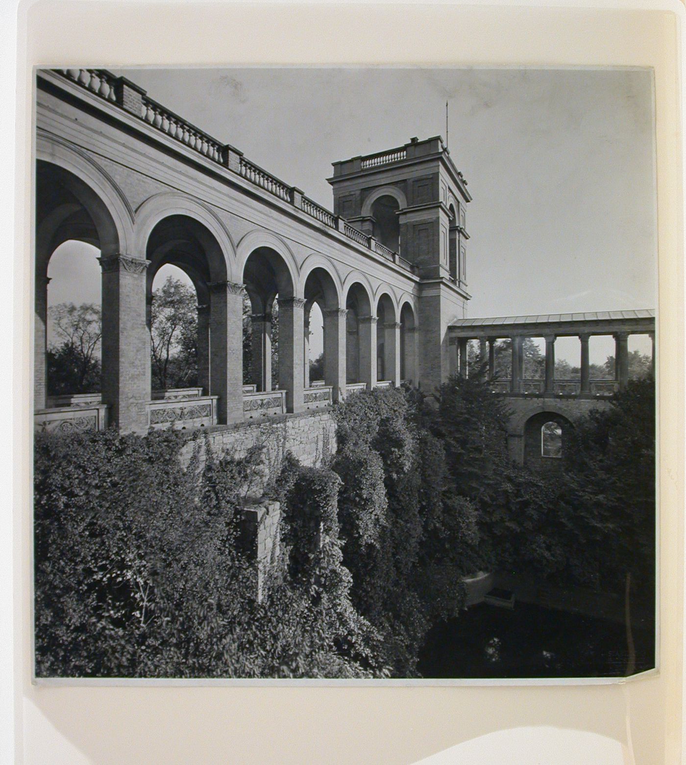 Partial view of the Belvedere auf dem Pfingstberg showing the covered walkways and tower, Pfingstbergschloss, Potsdam, Germany