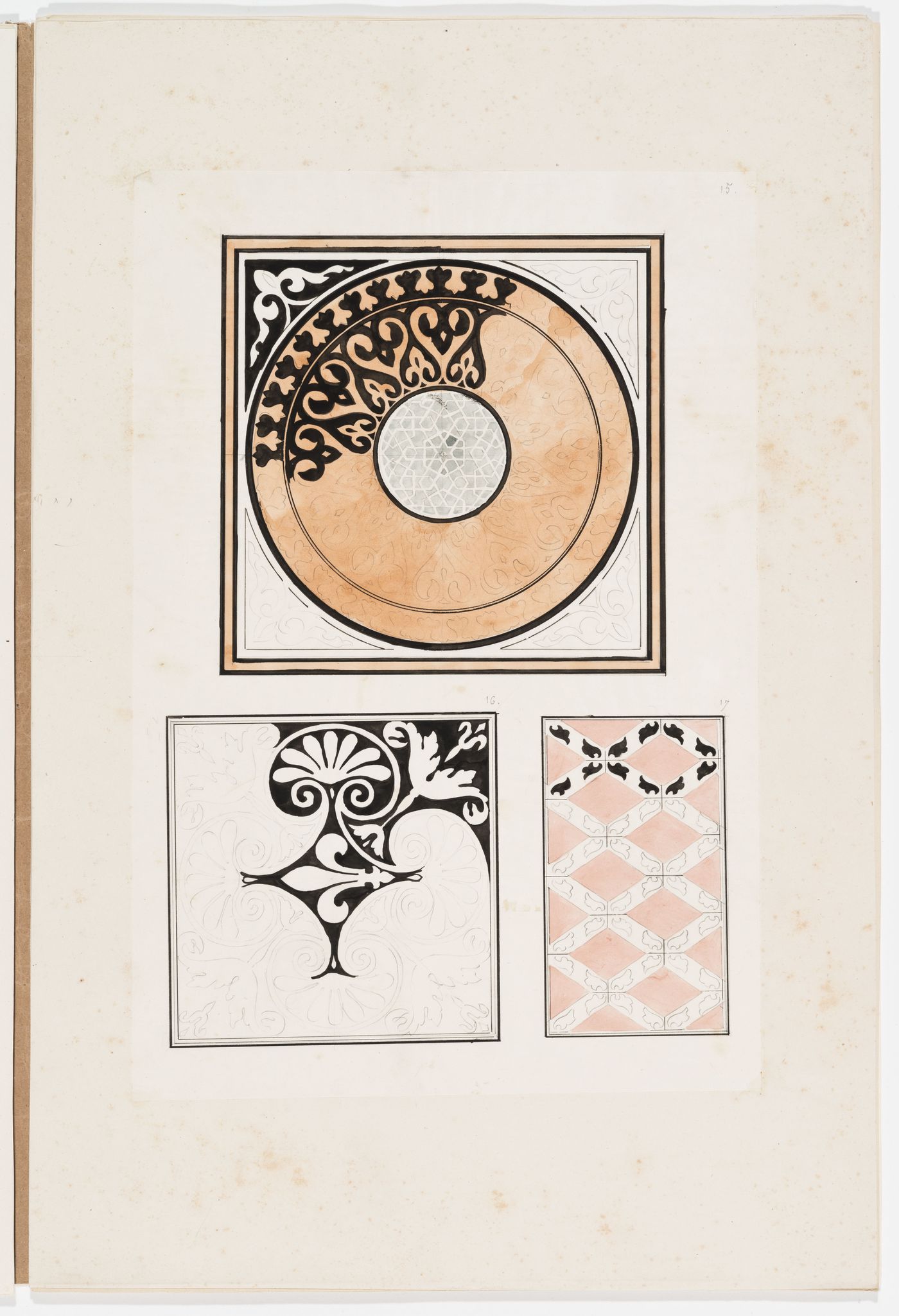 Ornament drawing of a panel decorated with foliage and interlacing lines, a panel decorated with a foliage, and a panel decorated with repeating foliated X motifs