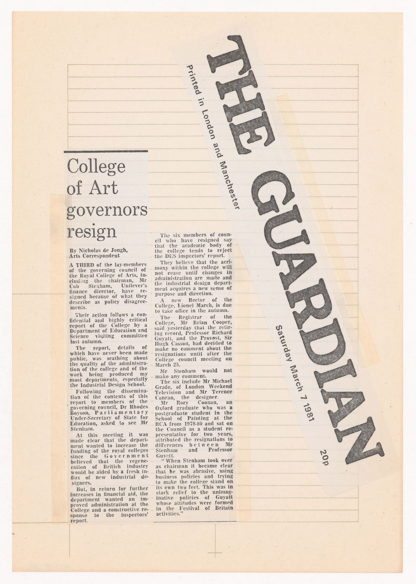 "College of Art governors resign", The Guardian article