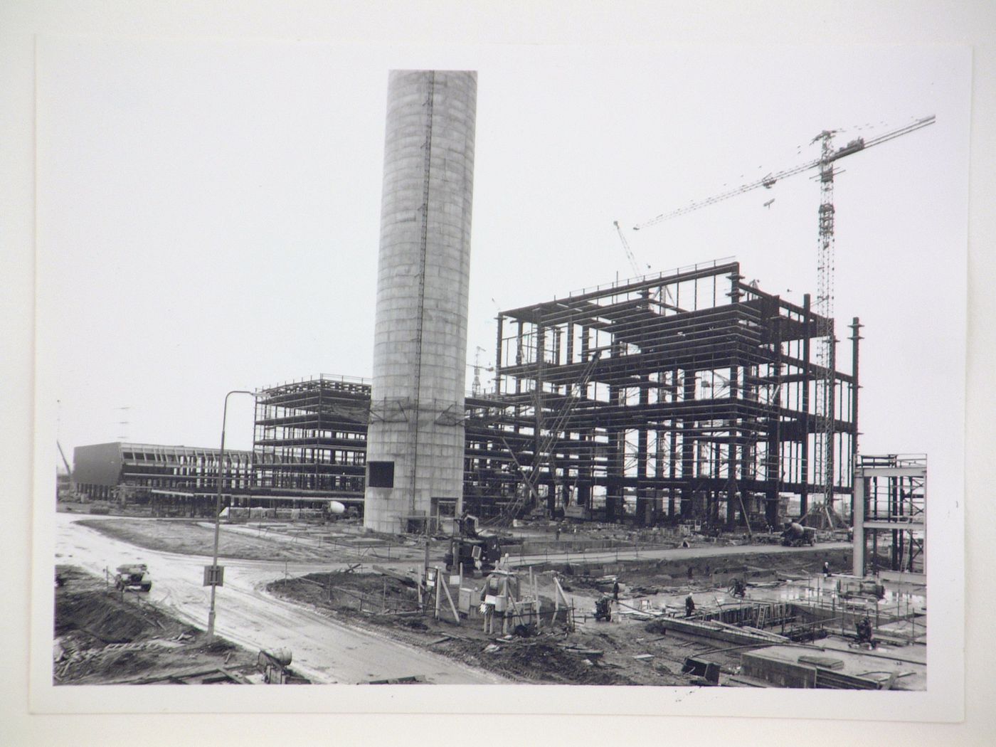 View of cranes and construction of steel structure for power station, United Kingdom