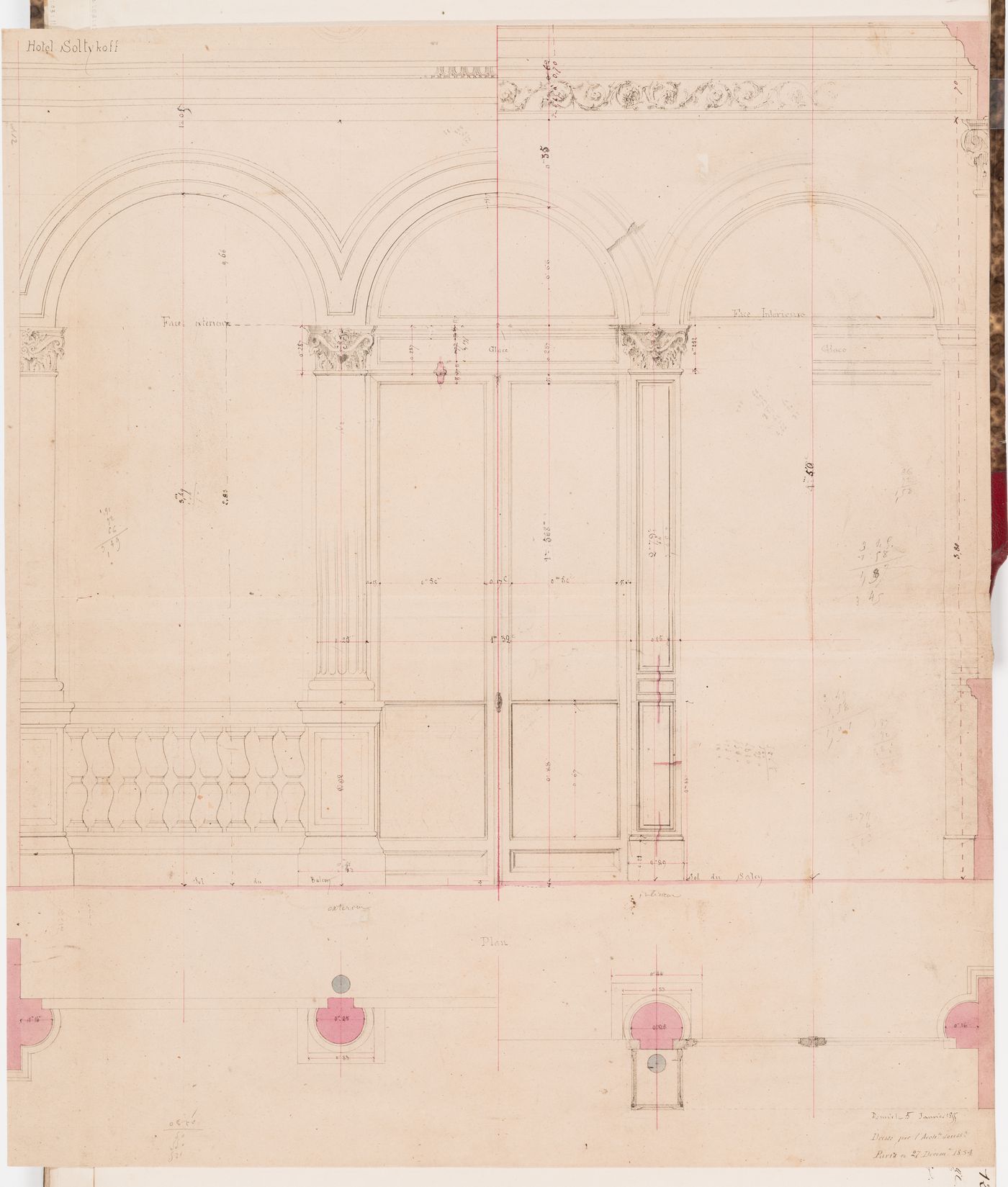 Partial elevations with profiles and a plan for the interior and exterior walls for the first floor of the principal façade, Hôtel Soltykoff