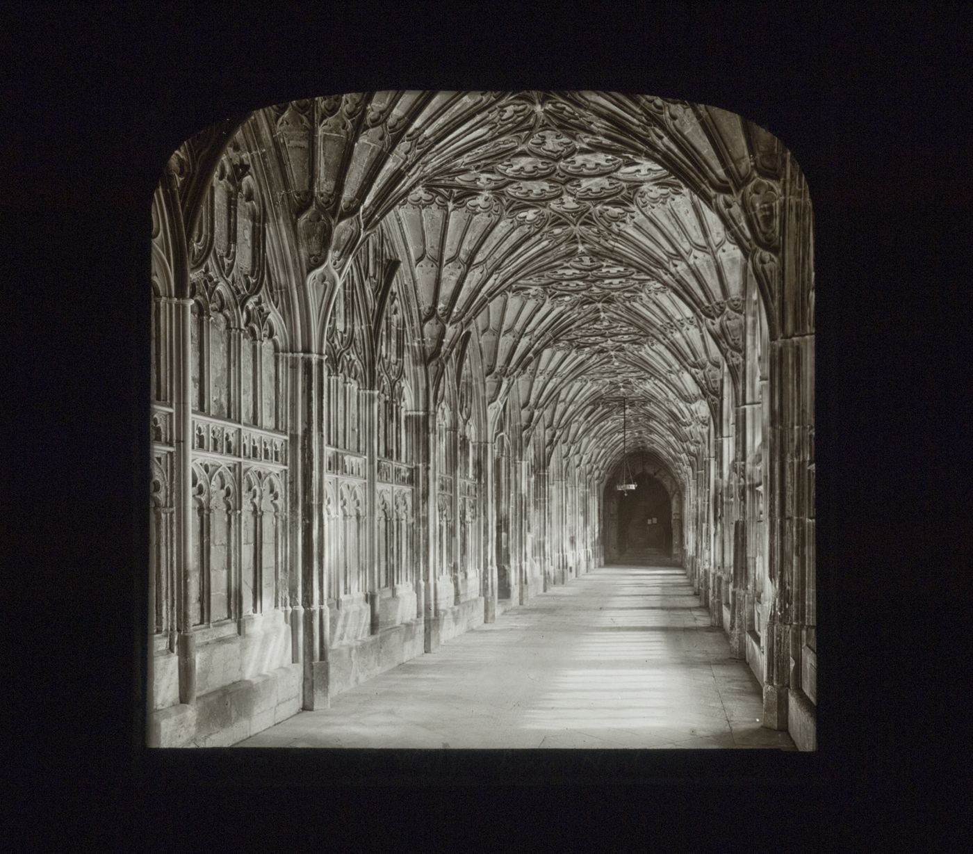 View of fan vaulting of east walk of cloister of Gloucester Cathedral from north, Gloucester, Gloucestershire, England