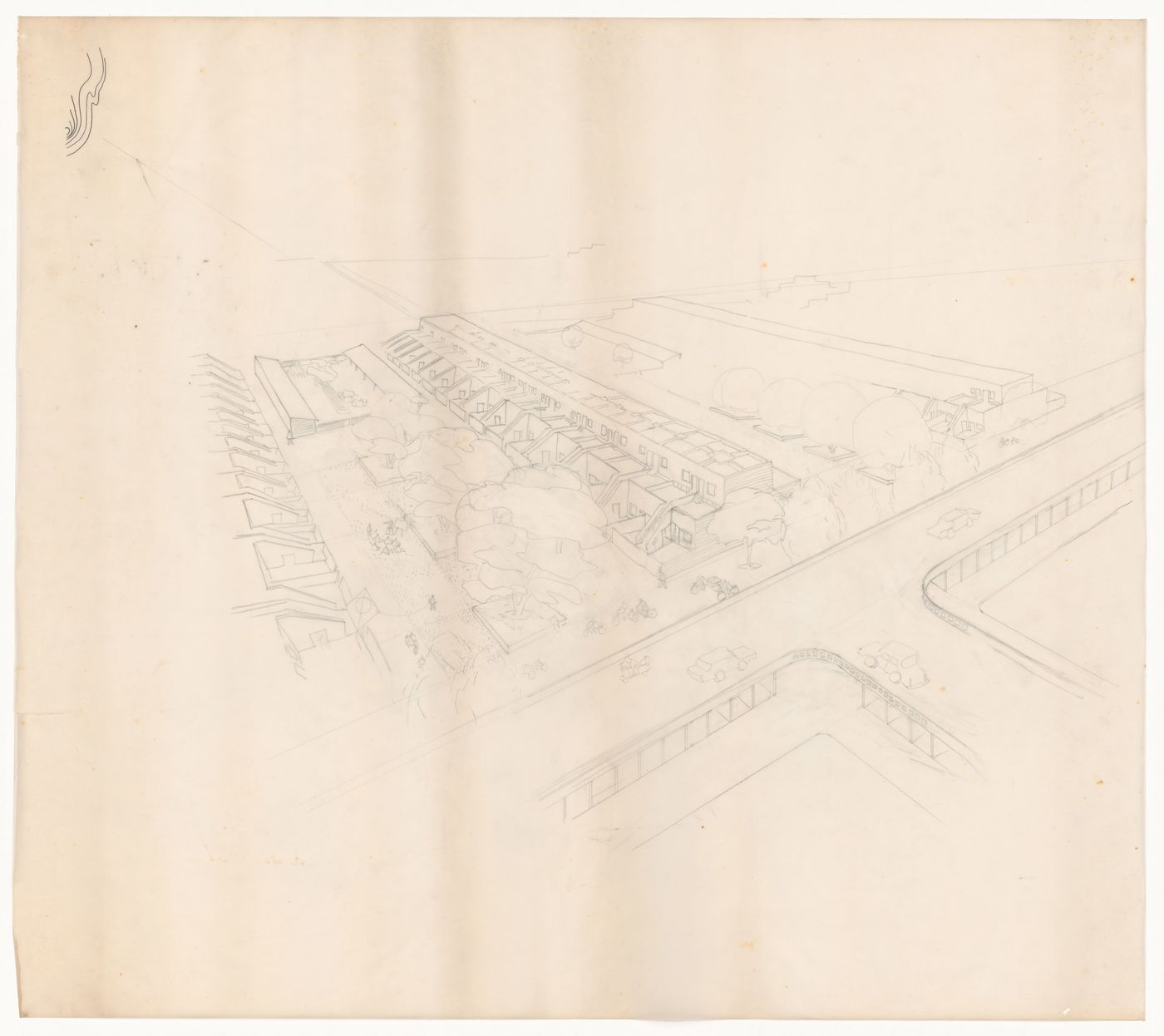 Perspective sketch of housing block for Linear city, Chandigarh, India
