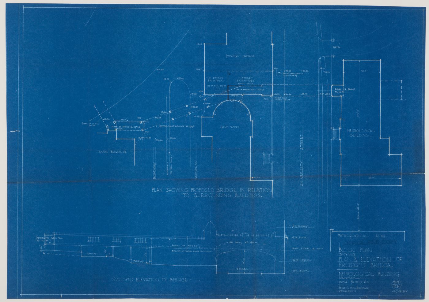 Montréal Neurological Institute, Montréal, Québec: block plan showing relation of bridge to surrounding buildings and bridge elevation