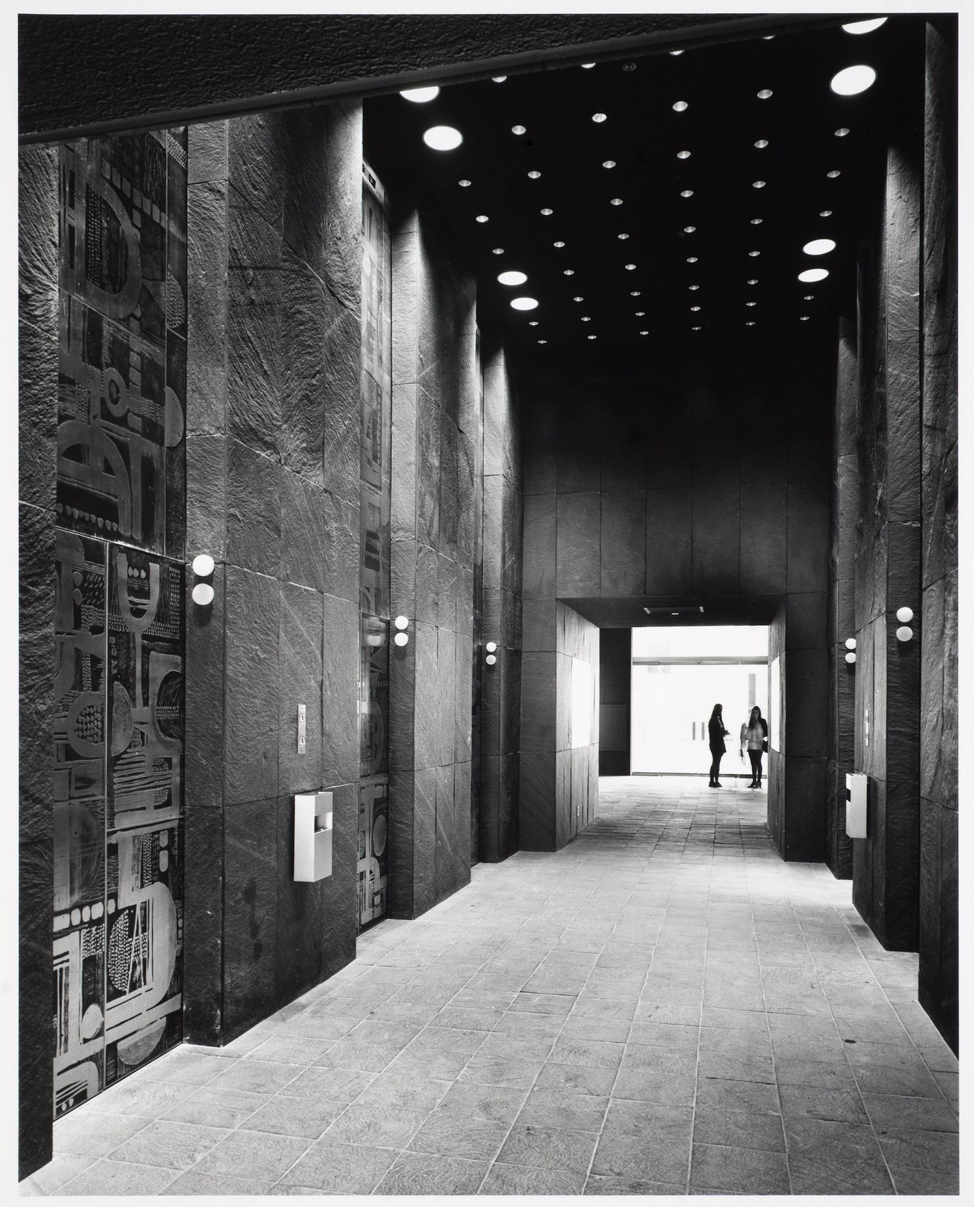 Interior view of the elevator bays of the Avco Financial Center, Newport Beach, California, United States