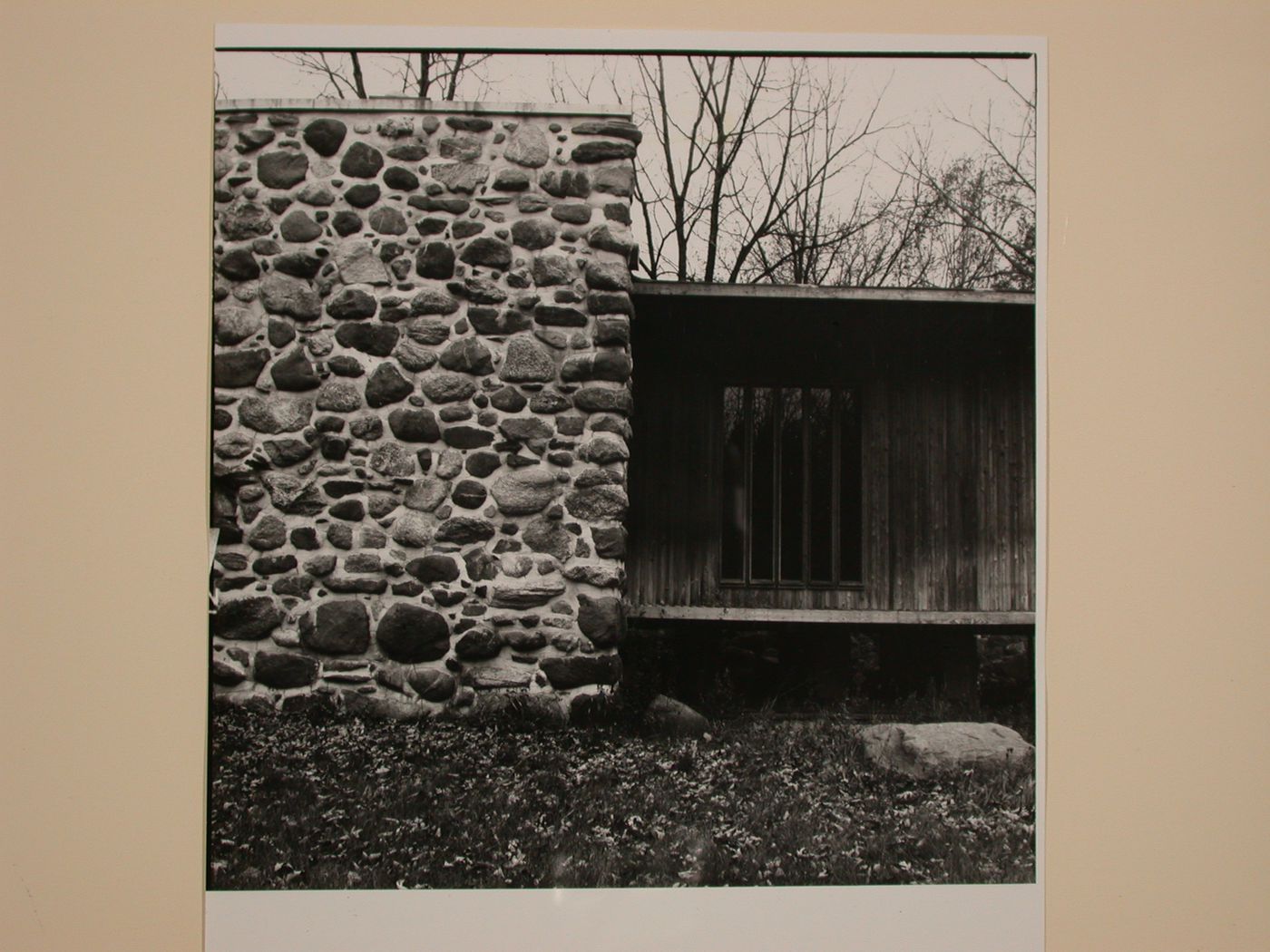 Partial view of the Alfred Caldwell Studio showing the stone chimney and the porch, Bristol, Wisconsin