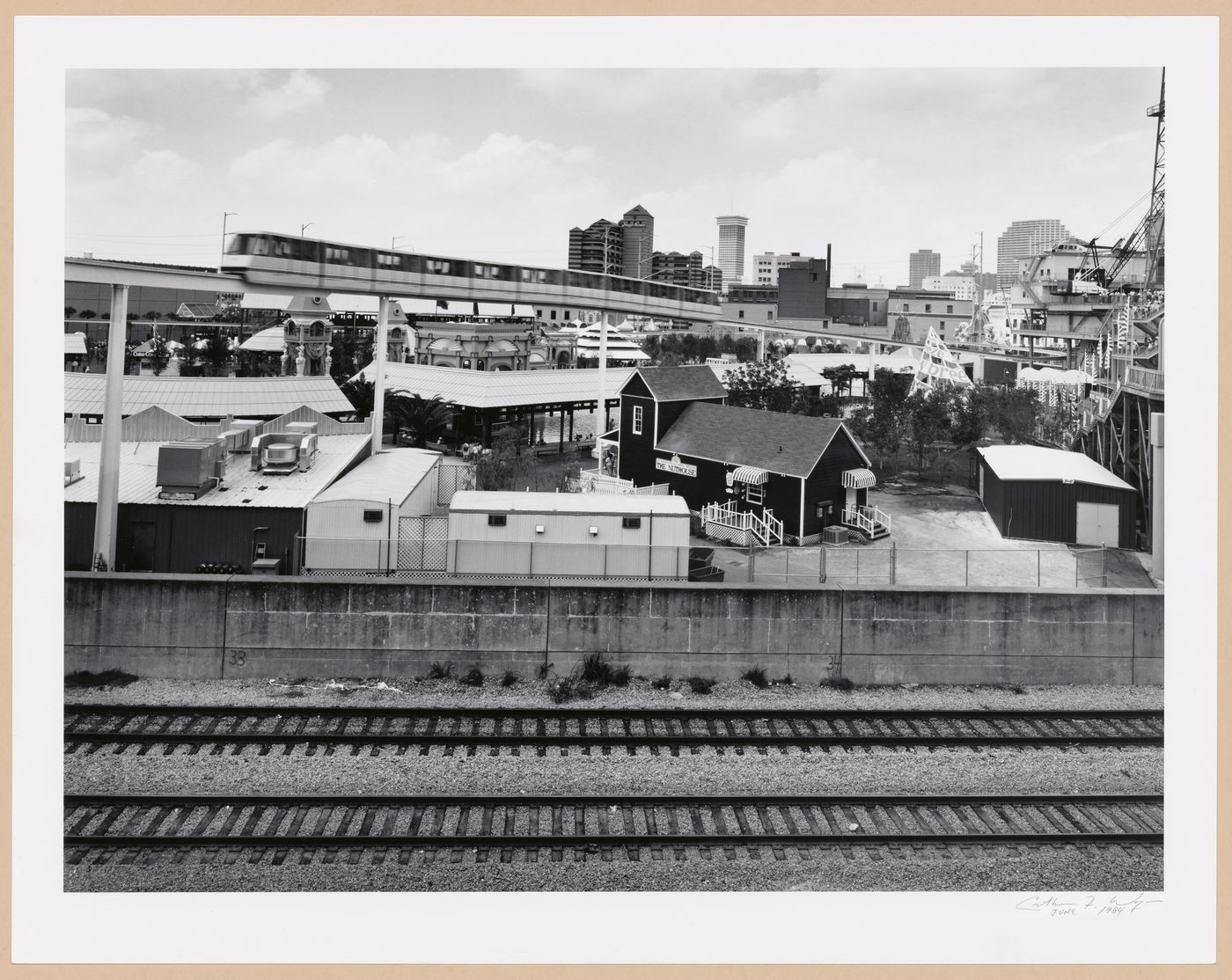 View of the Monorail train with Centennial Plaza below, Louisiana World Exposition, New Orleans