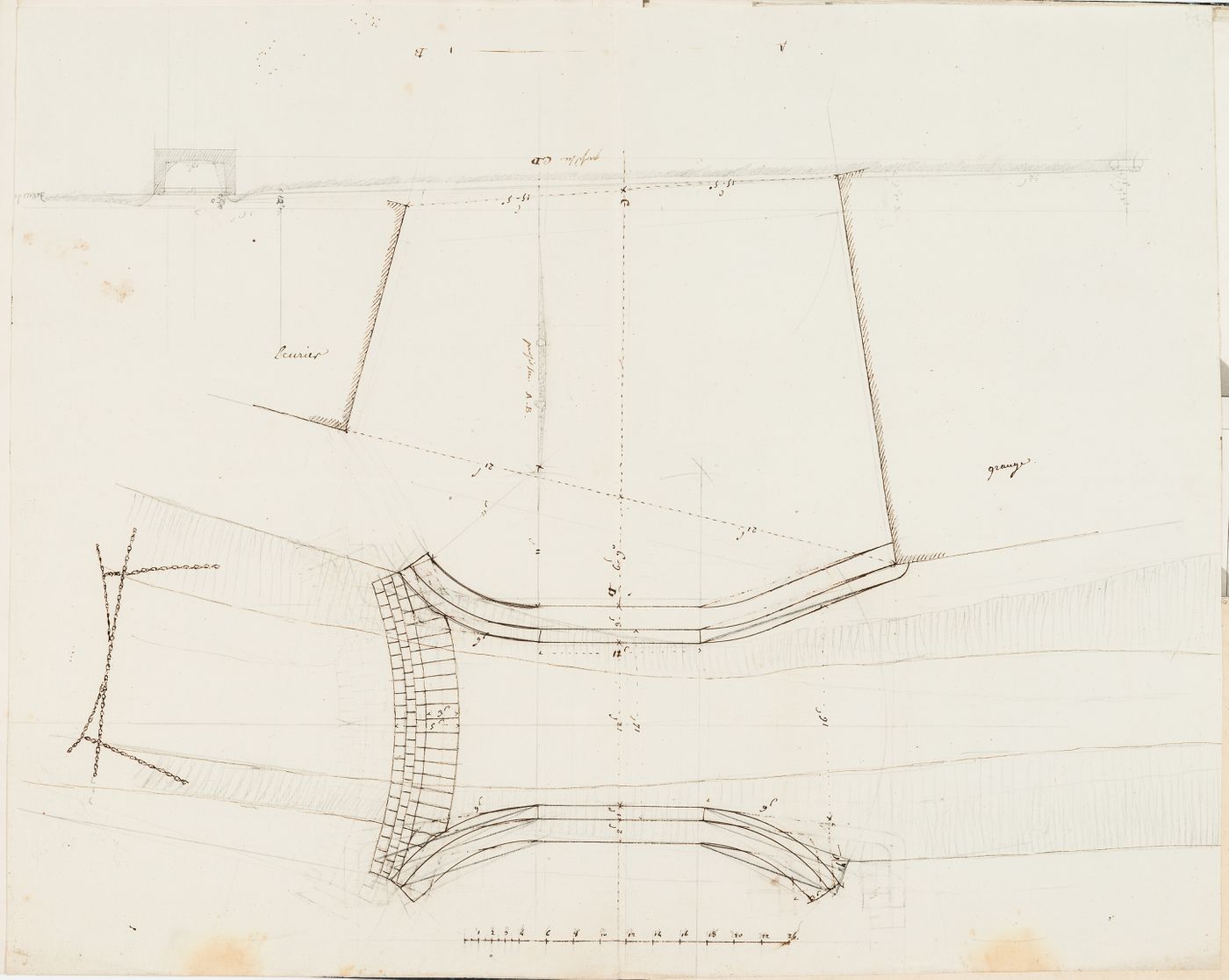 Plan and sections for a bridge over a ravine, Domaine de La Vallée