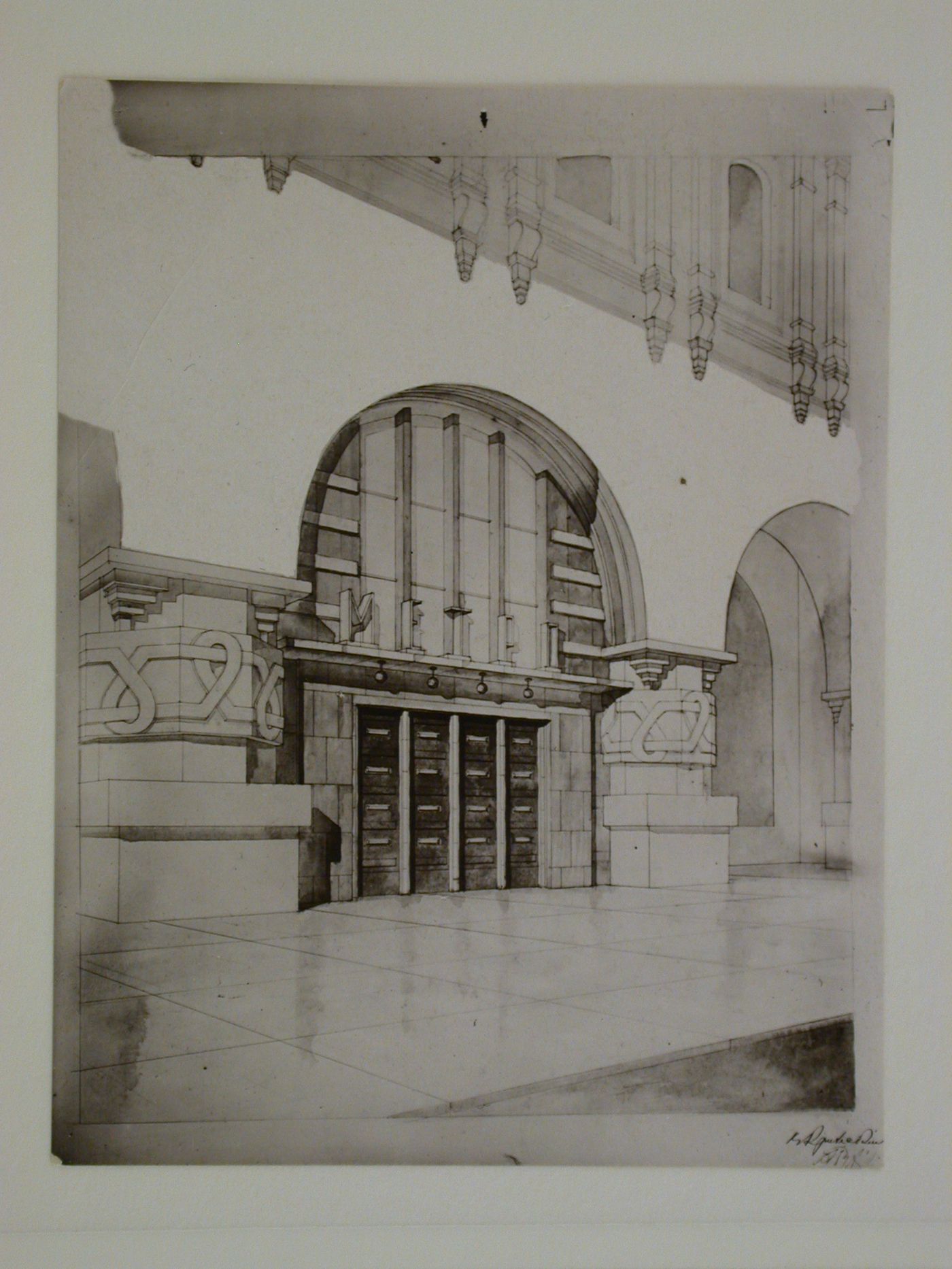 Photograph of a perspective drawing for an entrance to a subway station, Moscow