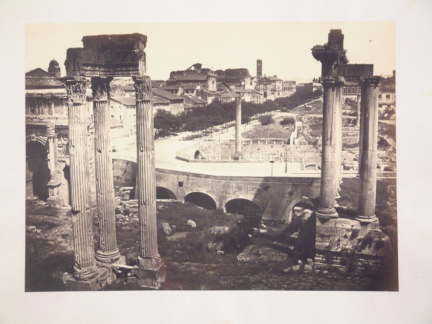 View of the Roman Forum with the Tempio di Vespasiano, the Tempio di Saturno, the Column of Phocas, and the Arcus Septimii Severus, Rome, Italy
