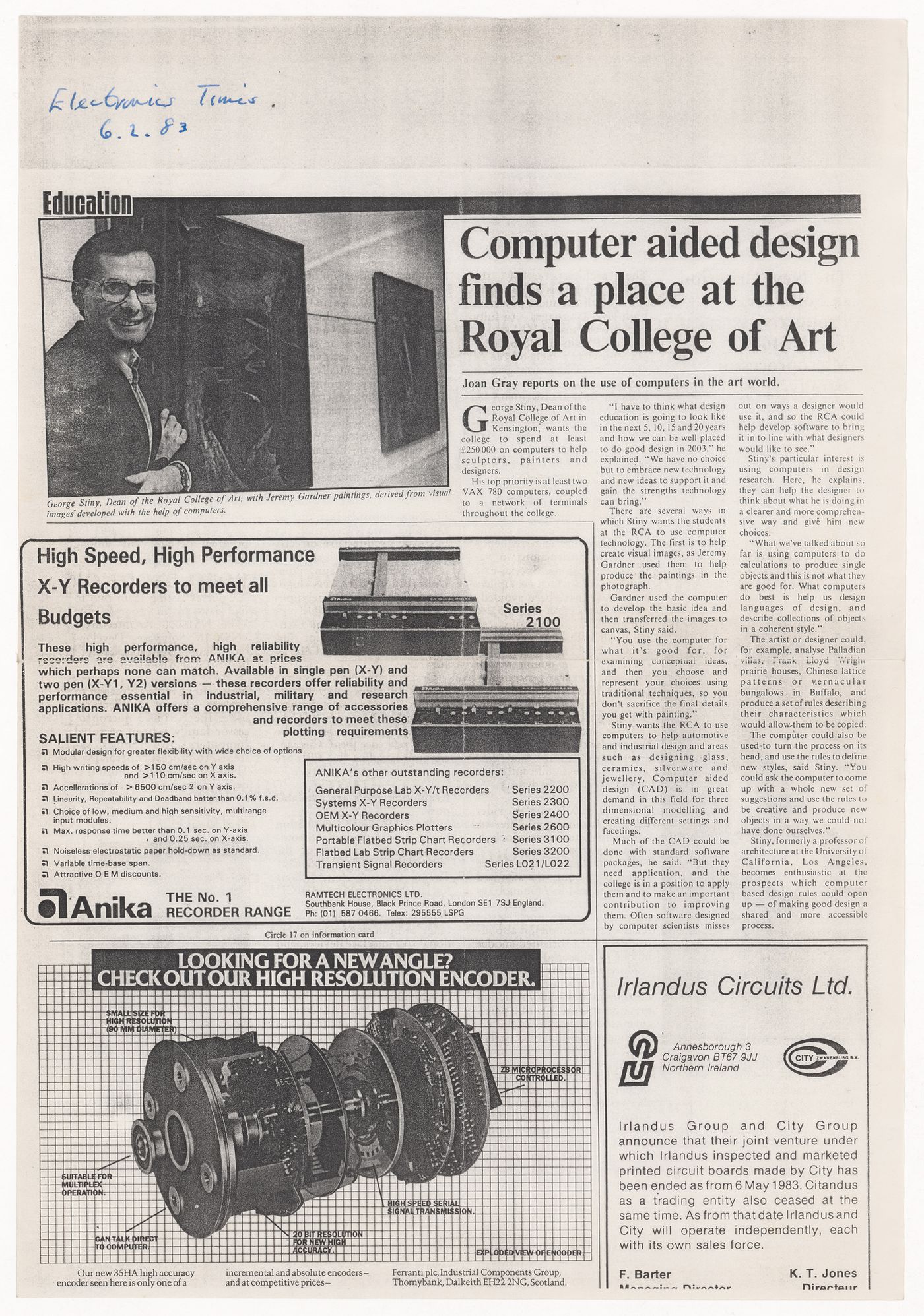 Photocopy of clipping of an article from "Electronic Times" on computed-aided design at the Royal College of Art in London