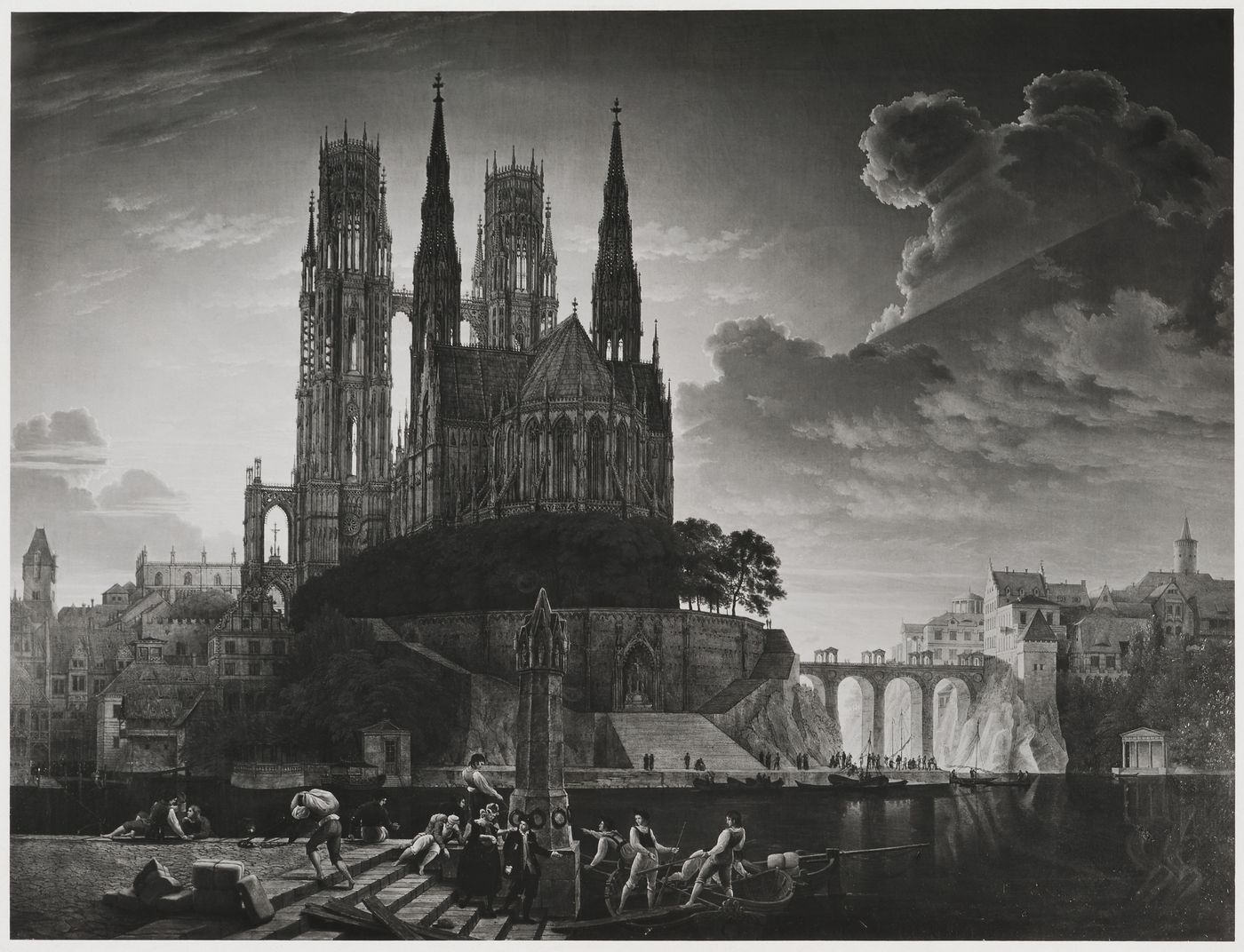 Photograph of the painting "Miltelaterliche Stadt am Wasser" by Karl Friedrich Schinkel, Schinkel Museum [?], Berlin, Germany