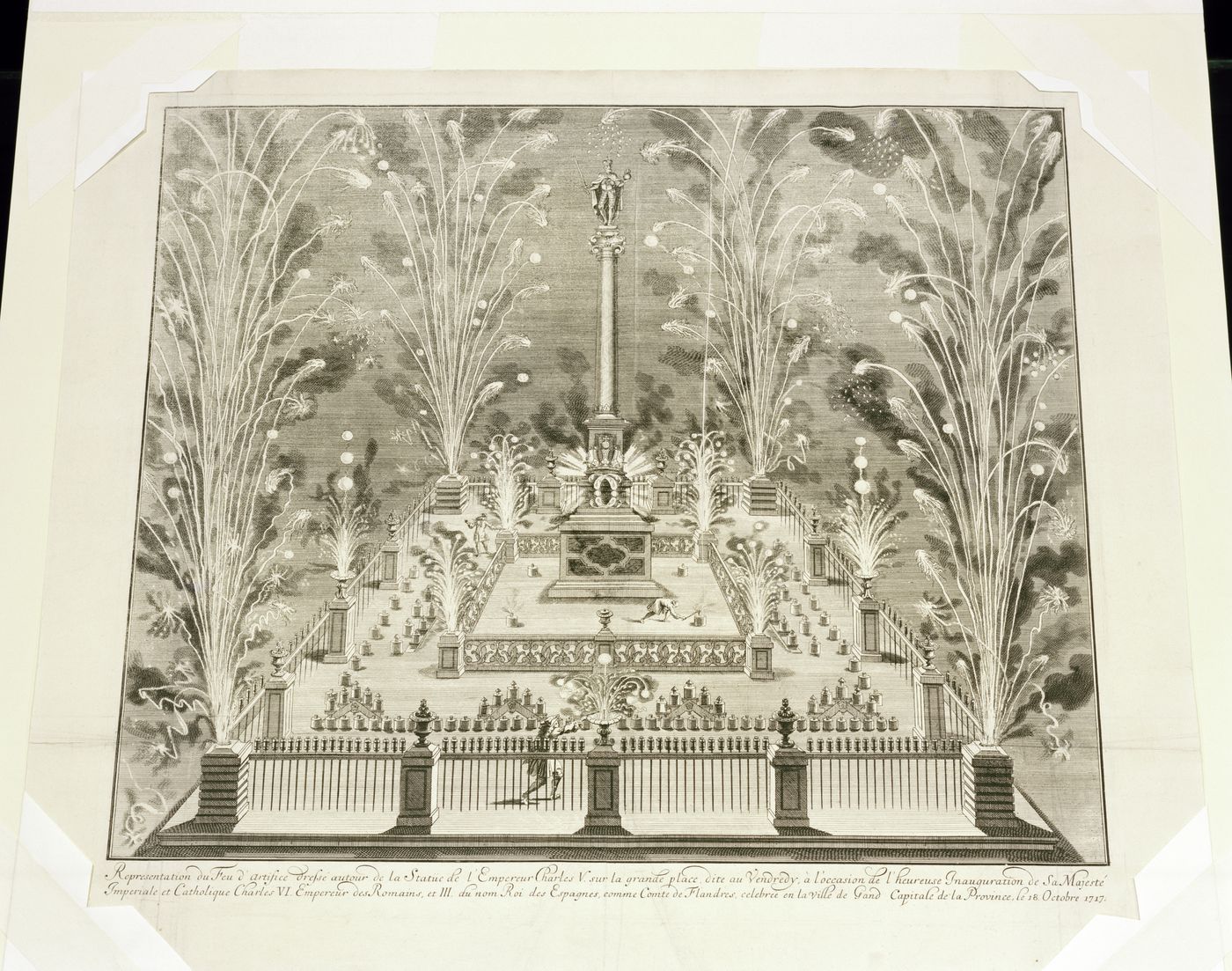 Questioning Pictures: Photograph of etching of A Firework Display in the Place, "dite au Vendredi", unknown Begium artist, 1717-1719