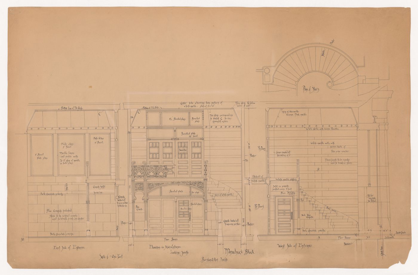 Monadnock Block, Chicago: Interior elevations for the entrance lobby with plan for stairs