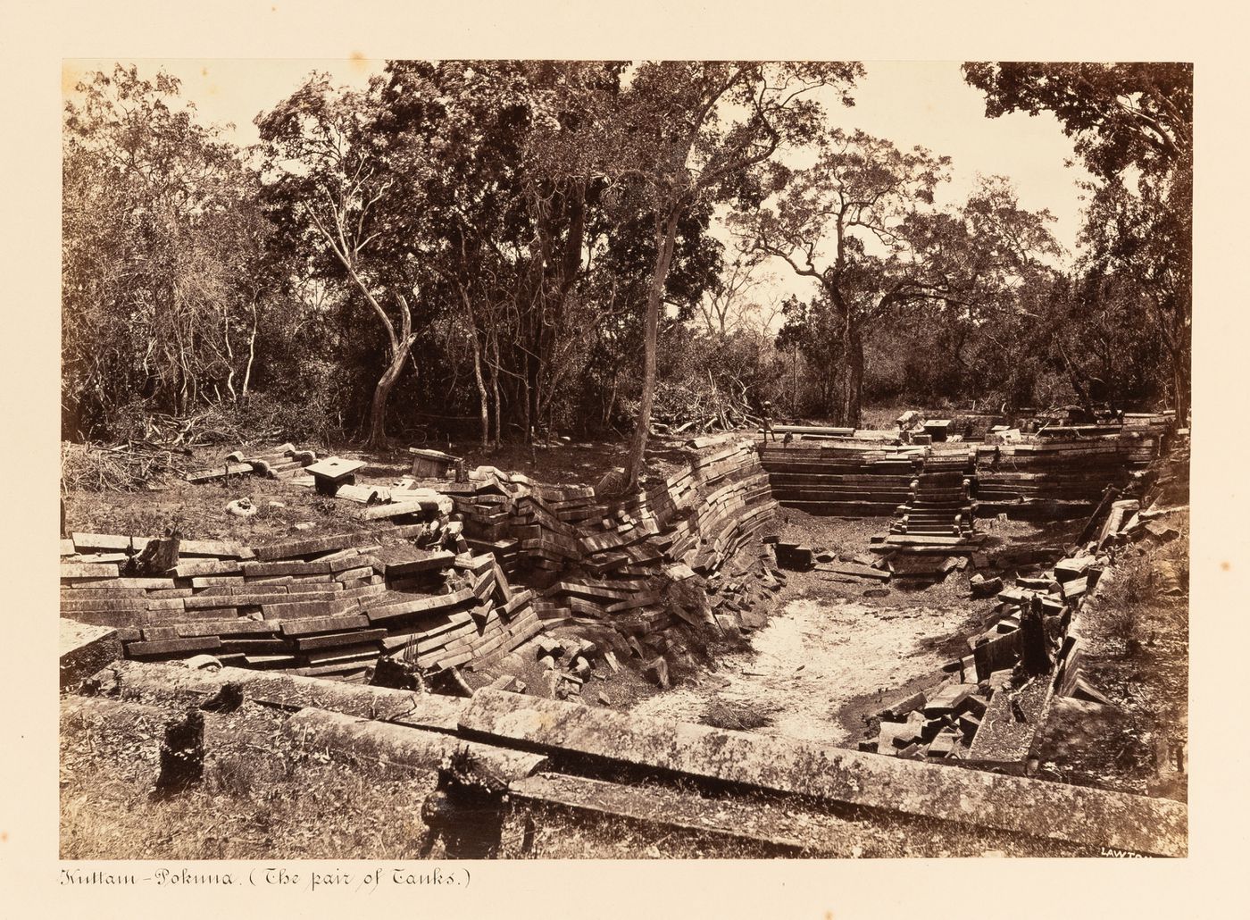 View of a water tank, Kuttam Pokuna [Twin Ponds], Anuradhapura, Ceylon (now Sri Lanka)