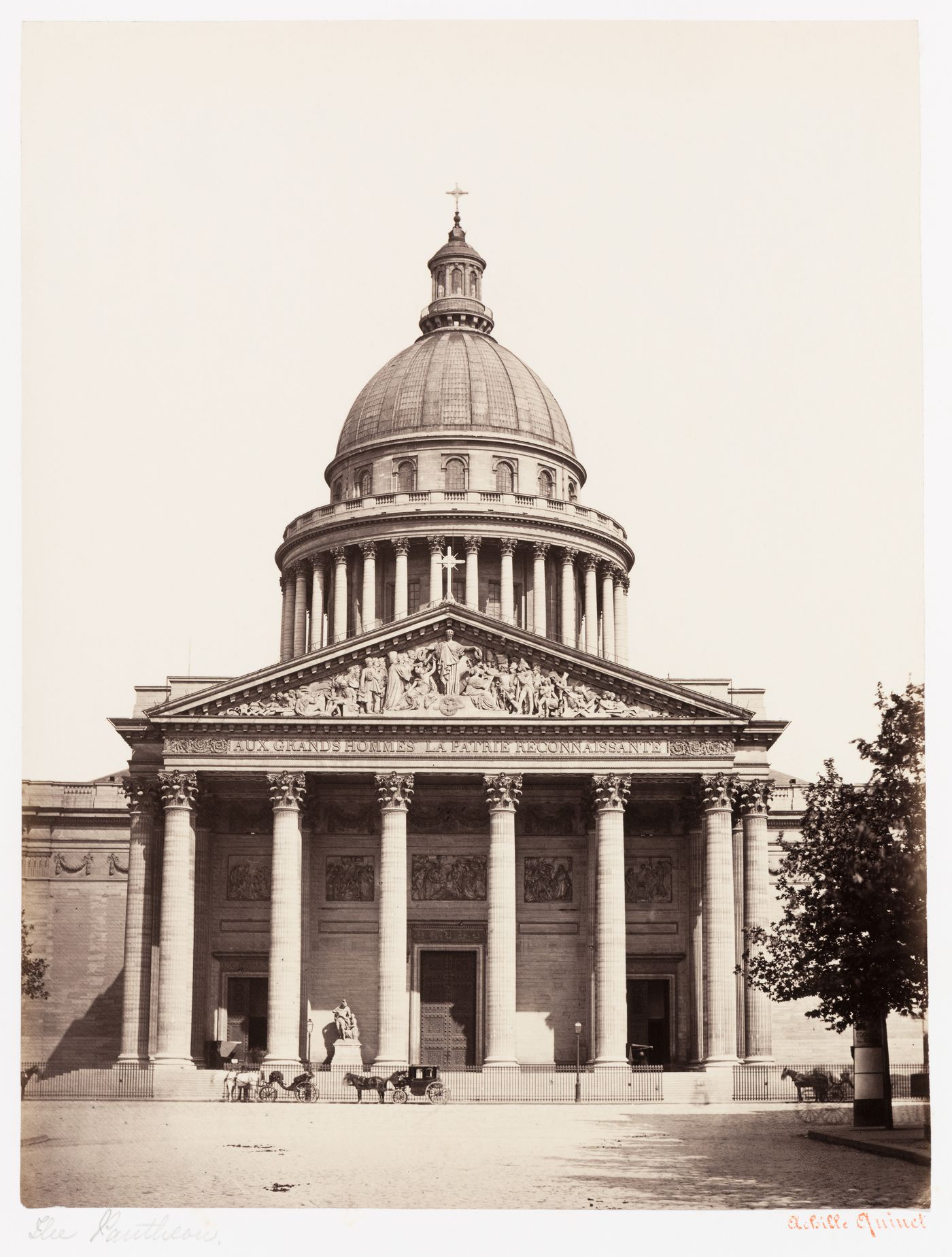 View of main façade of Panthéon, showing portico, pediment, and dome, with horses and carriages, in front, Paris, France