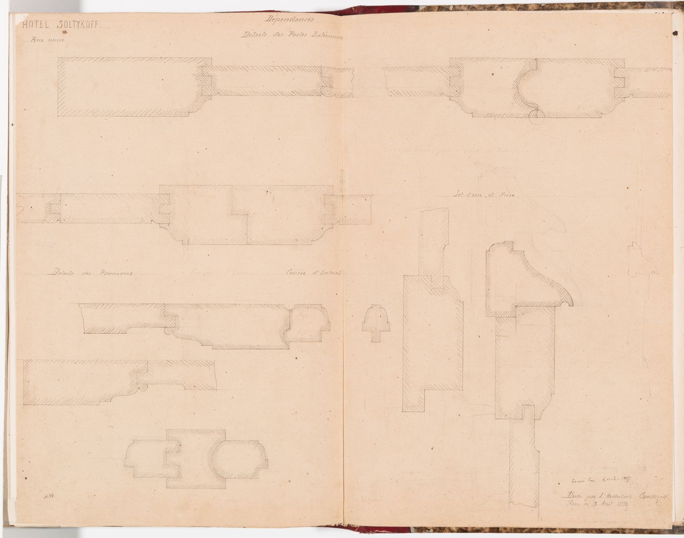 Joinery details for an exterior door, the "entresol" windows, panelling, a fountain and apparently a frieze, all for the outbuilding, Hôtel Soltykoff