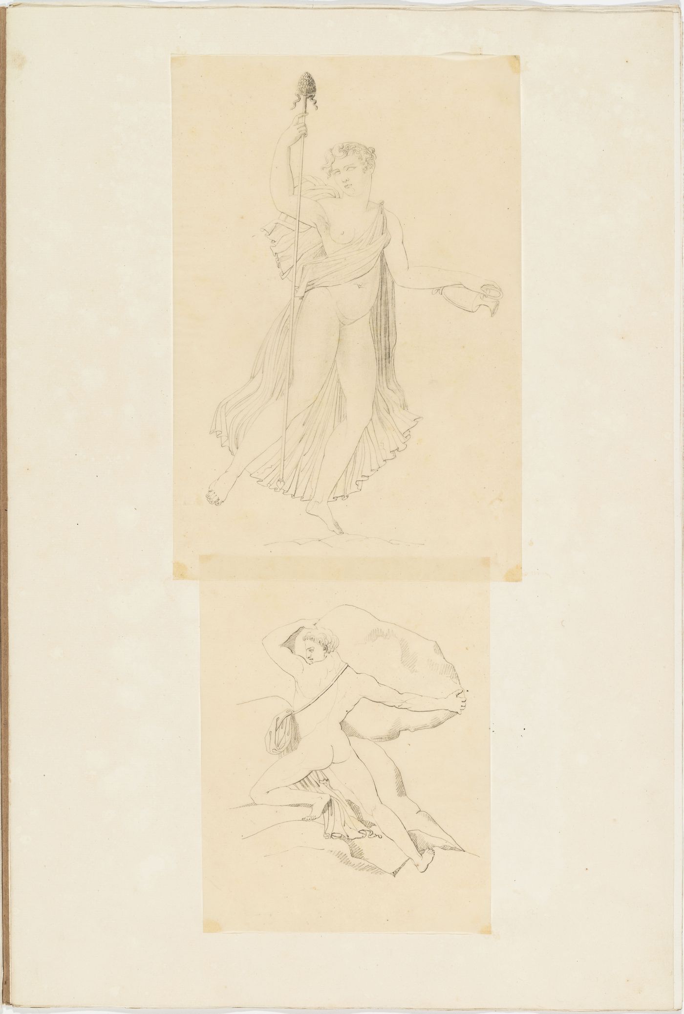 Drawing of a female figure holding a vase and staff, probably Venus, and a drawing of a nude male figure holding a boulder, probably Theseus or Sisyphus