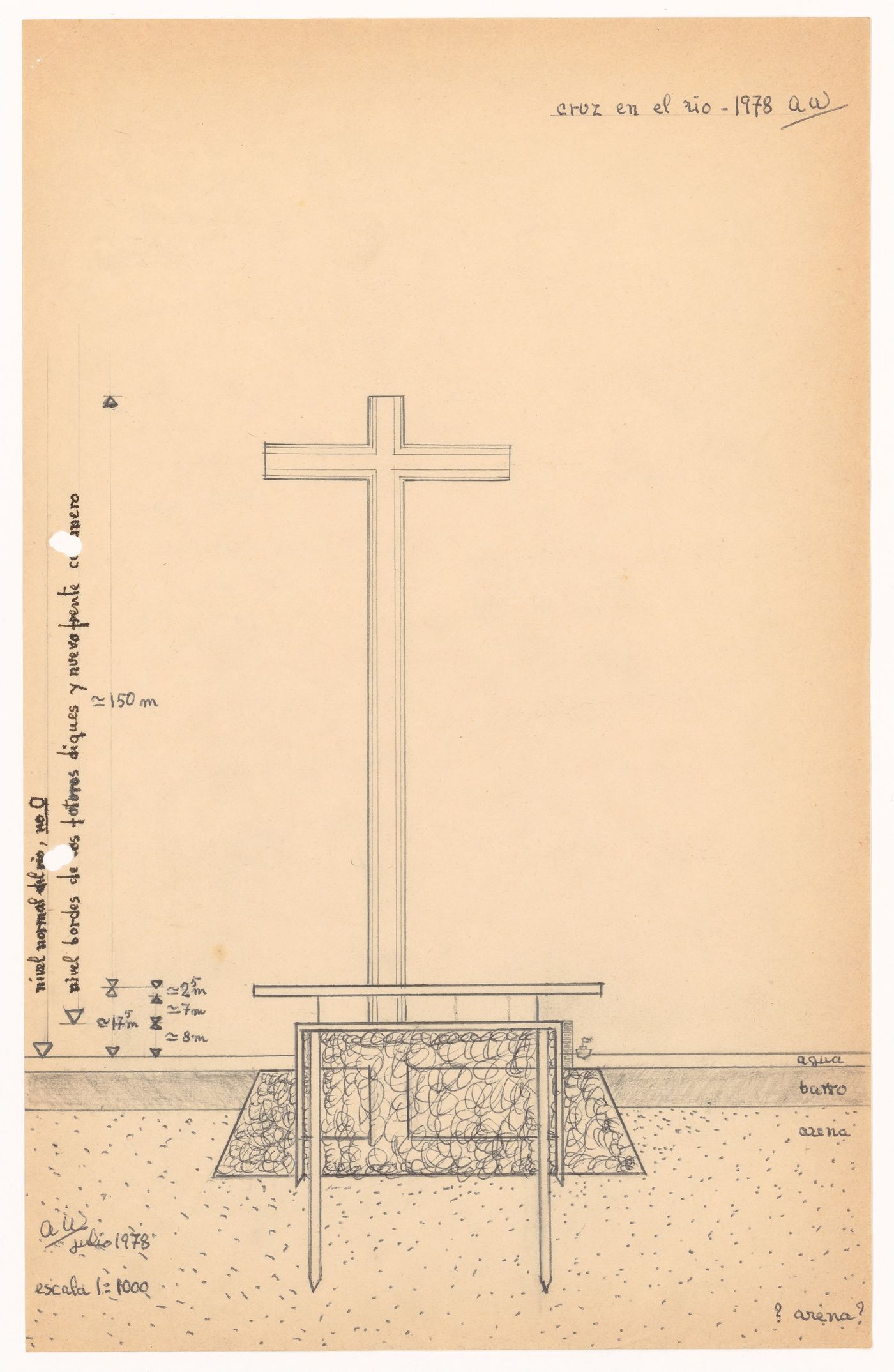 Section showing the ground anchoring with sketches and notes for Cruz en el Rio de la Plata, Buenos Aires, Argentina