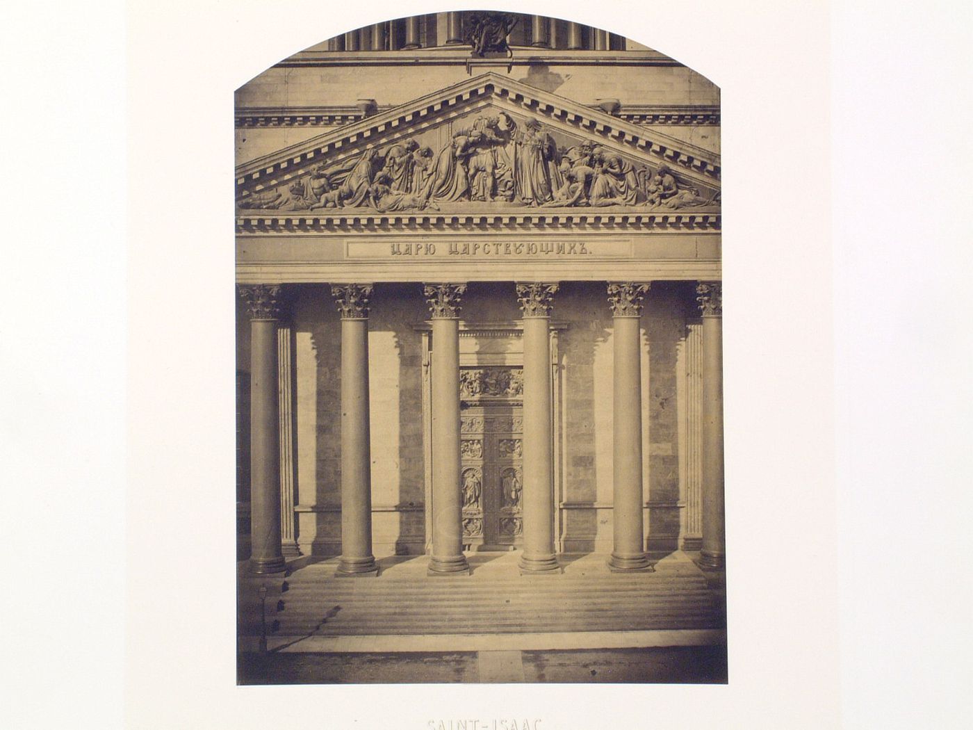 Exterior view of the portico and pediment of Saint Isaac's Cathedral, Saint Petersburg, Russia