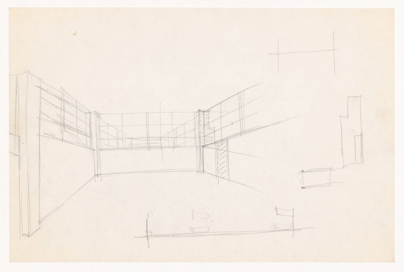 Perspective sketch for a court, sketch plan and unidentified sketches for the Gymnasium