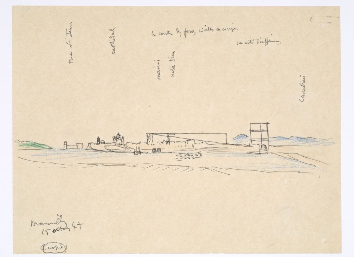 Copy of an annotated perspective for the west coast of the Old Port, Marseille