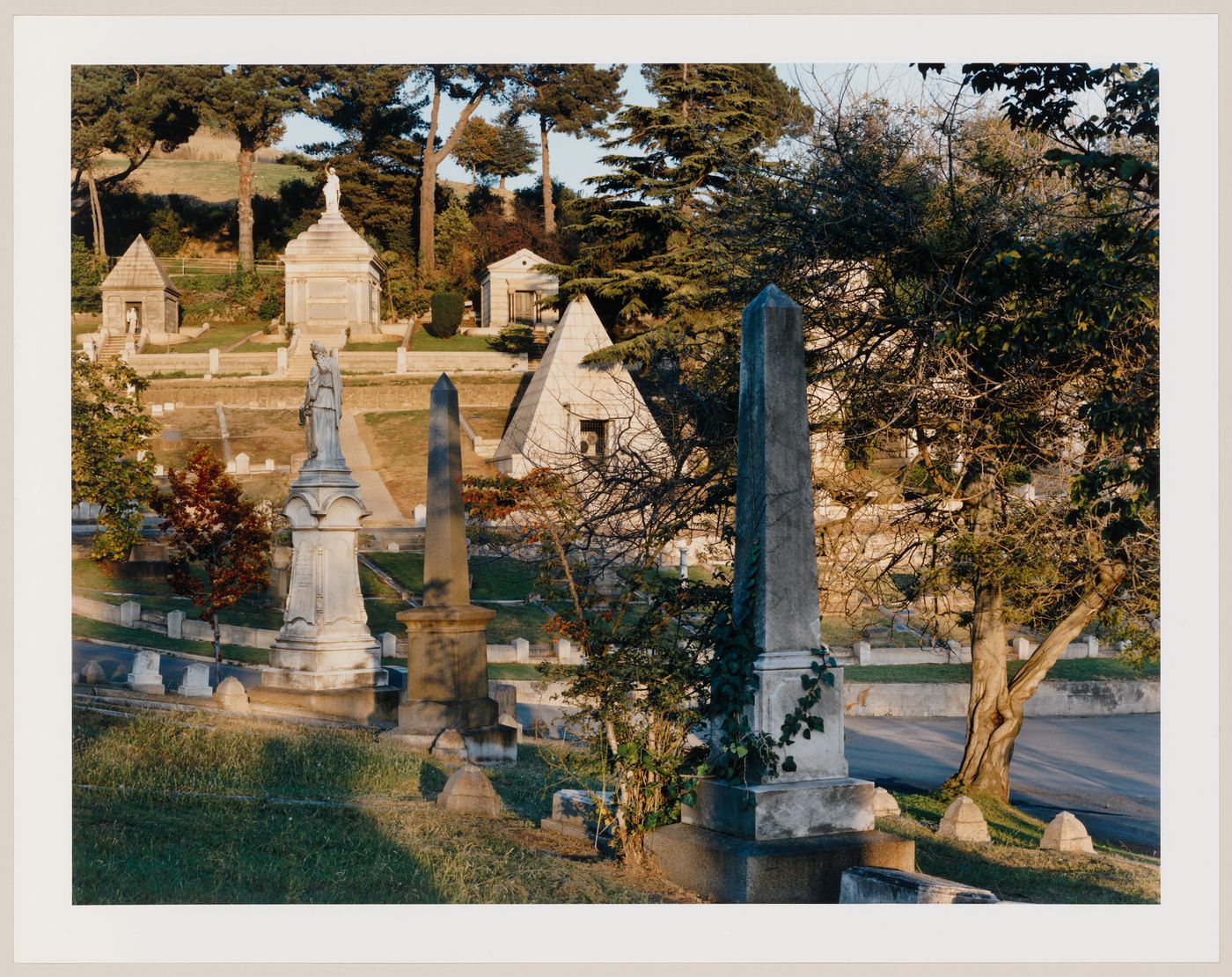 Viewing Olmsted: Detail with Goodall Memorial, late afternoon, Mountain View Cemetery, Oakland, California