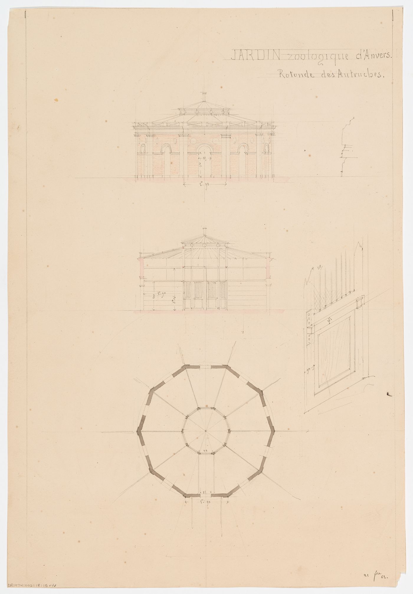 Zoological garden, Antwerp: Elevation, plan, section, and detail of a door of the ostrich aviary