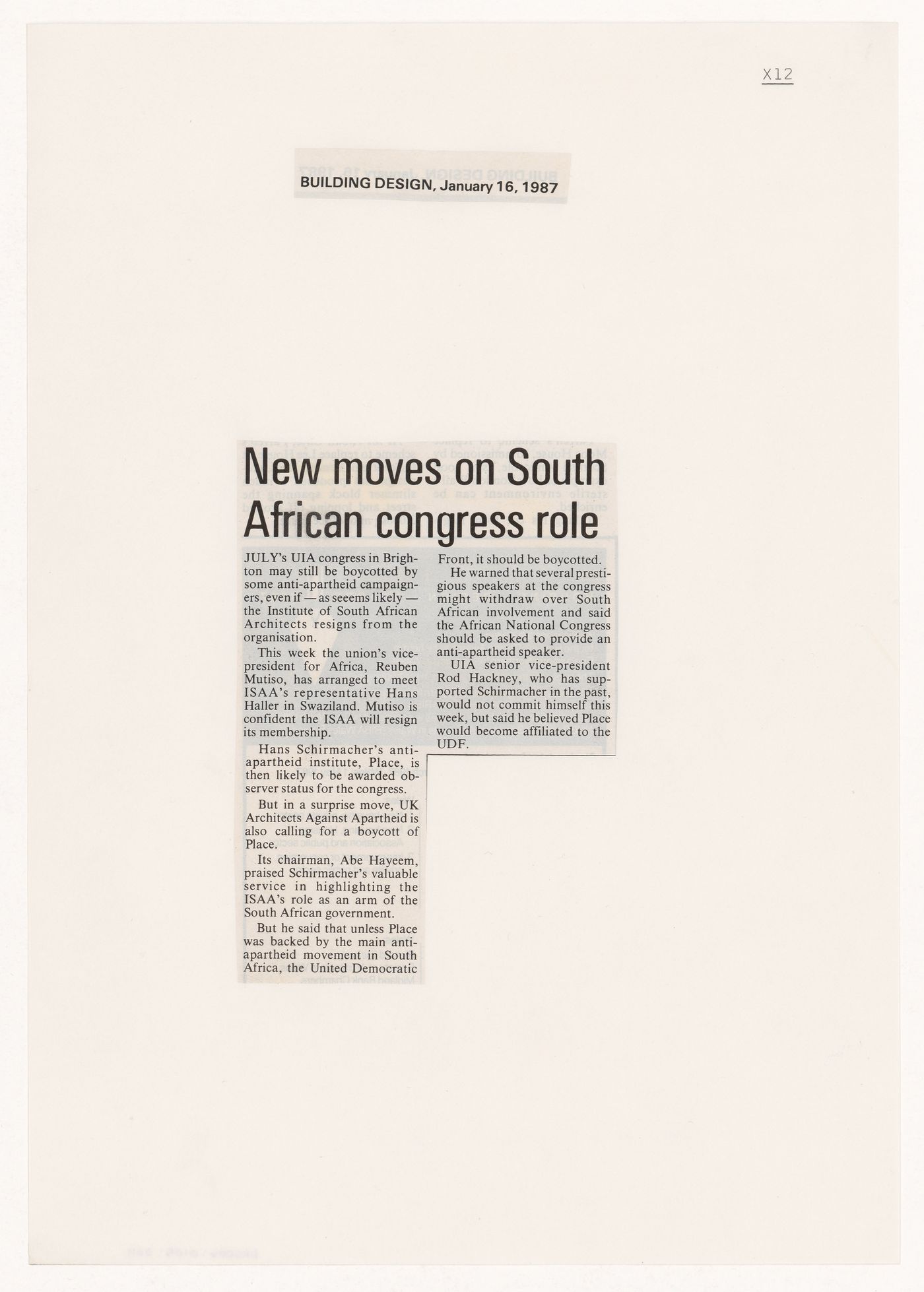 Newspaper clipping, "New moves on South African congress role"