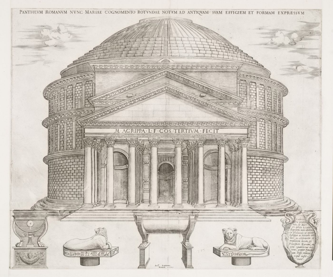 Perspective of the Pantheon, Rome, with sculptures in the foreground
